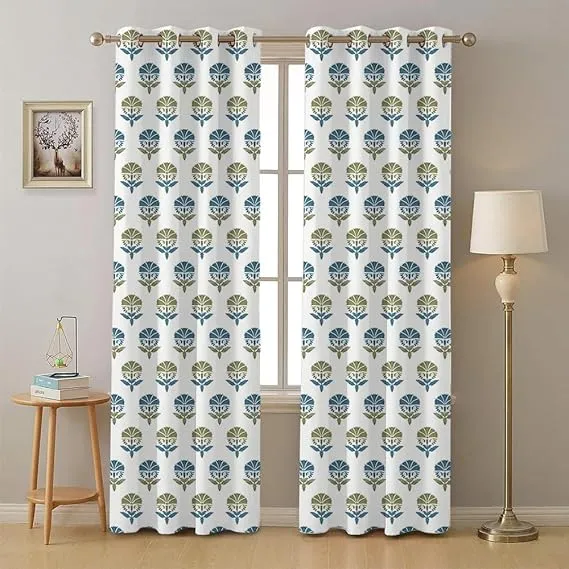 100% Cotton Curtains for Living Room, Bedroom curtains - Pack of 2 curtains, Owl Orchids - Blues