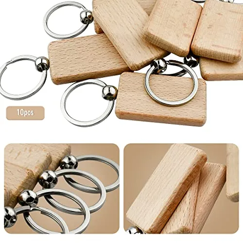 10Pcs Blanks Rectangle Wooden Keychain 1.2 inch Wood Engraving Unfinished Keychain with 10 pcs Key Rings for DIY Crafts Gift Accessories