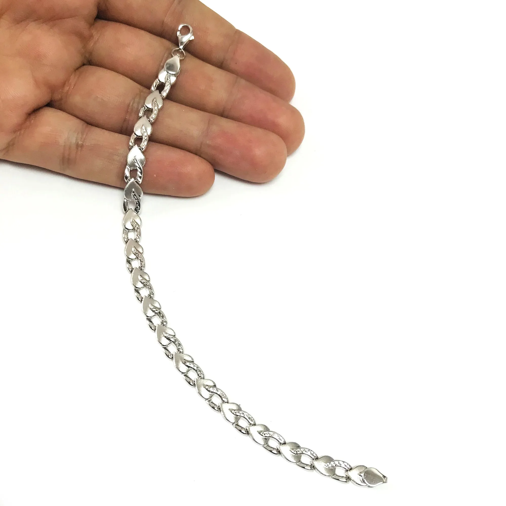 14k White Diamond Cut Heart Shapes Links Bracelet, 7.25"