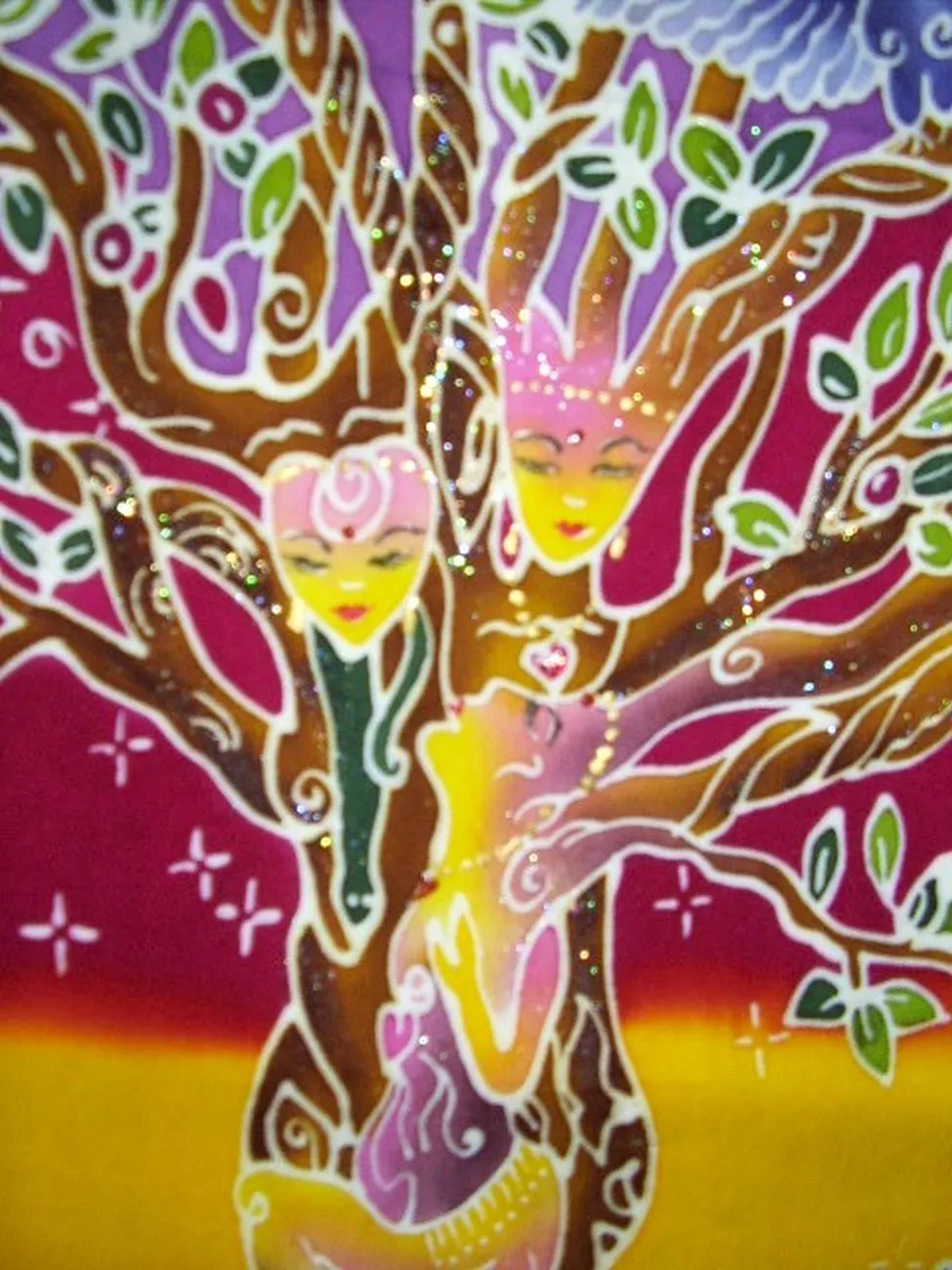 Authentic Batik Textile Art Tree Sisters II 31" x 23" Multi Color