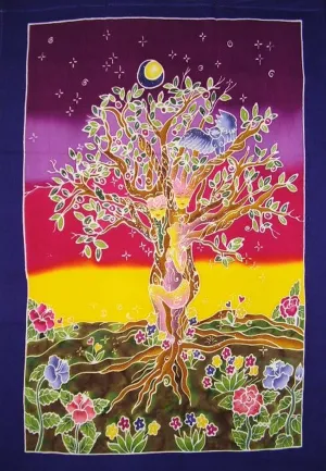 Authentic Batik Textile Art Tree Sisters II 31" x 23" Multi Color