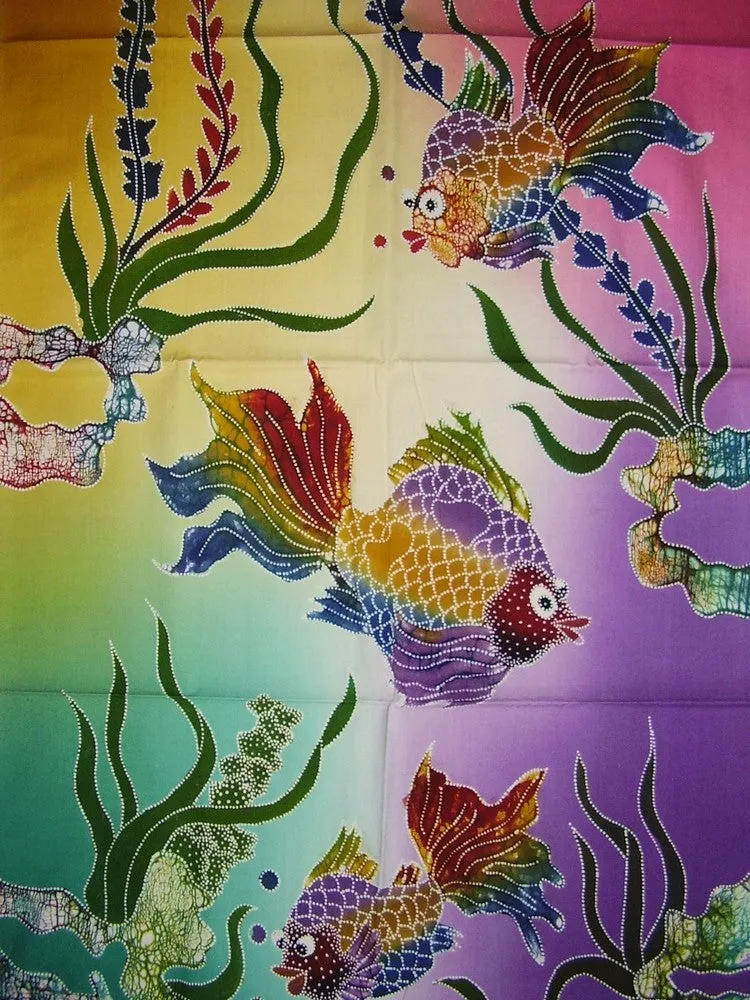 Authentic Cotton Batik Textile Art Tropical Fish 56" x 18" Multi Color