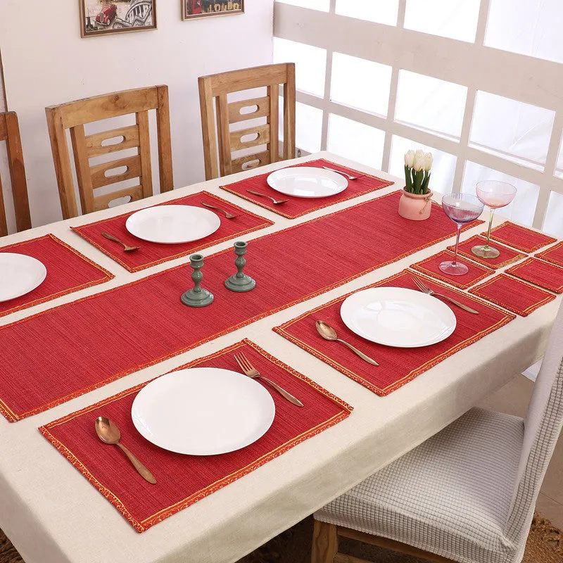 Bamboo Dining Mat Set | Table Runner, Placemats & Coasters | Red | Set of 13