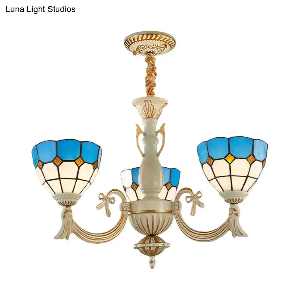 Baroque Bowl Hanging Light with Curved Arm - 3-Light Stained Glass Chandelier in Blue