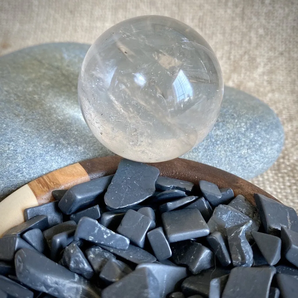 Black Shungite Chip Garden, Quartz Crystal Ball, Custom Wood Bowl