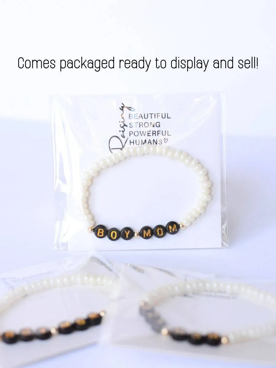 Boy Mom Beaded Stretch Bracelet - Black and Gold