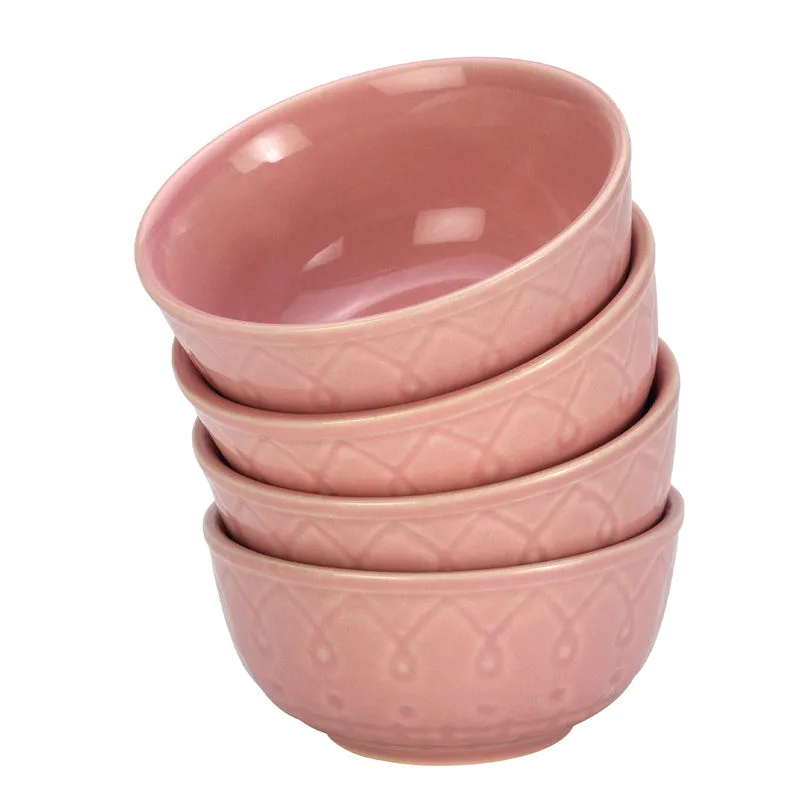 Ceramic Serving Bowl Katori | Emboss Design | Light Pink | Set of 4