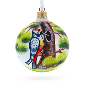 Charming Woodpecker Glittered - Blown Glass Ball Christmas Ornament 3.25 Inches