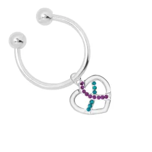 Crystal Teal & Purple Ribbon Silver Heart Key Chains