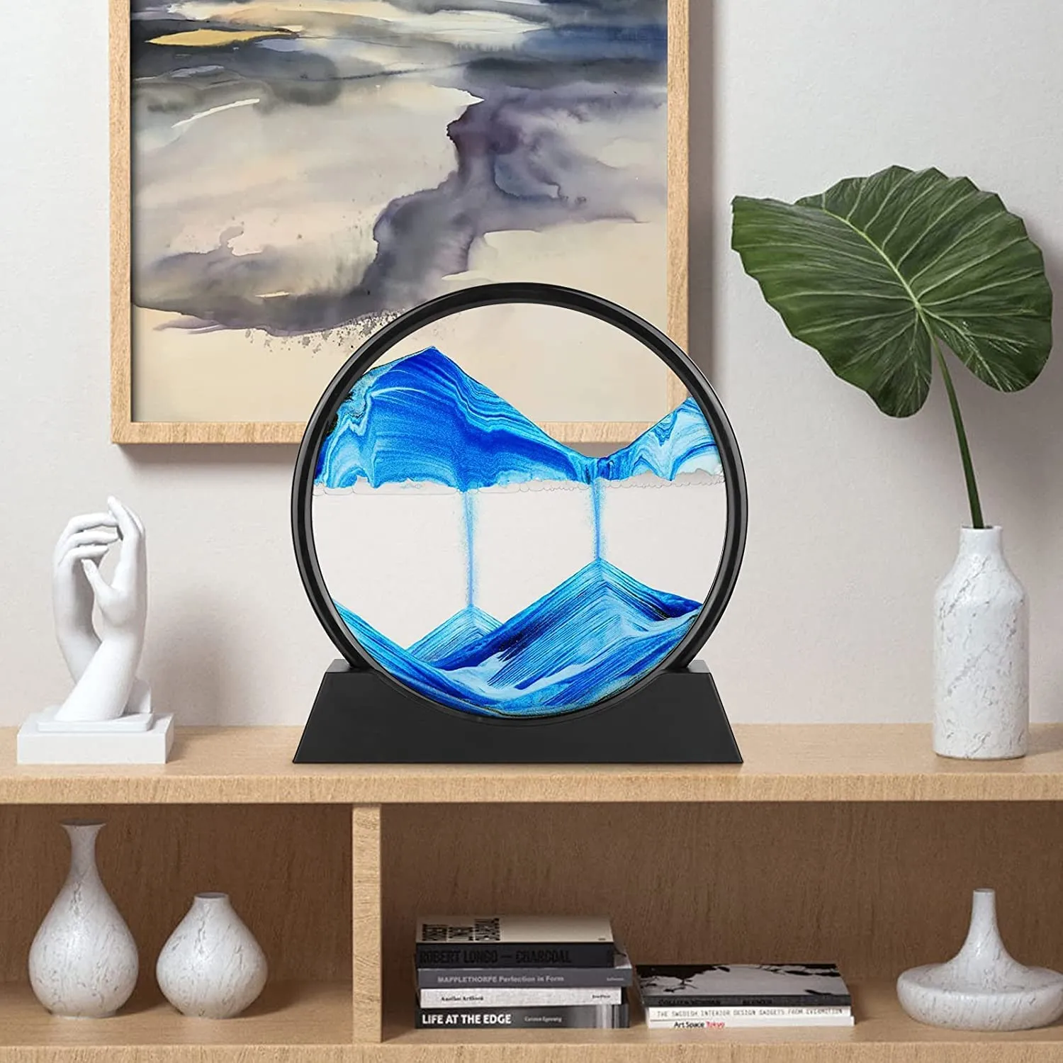 DONDA 3D Moving Sand Art Picture in Motion, Round Tempered Glass, Relaxing Deep Sea Sandscapes with Display Flowing Frame for Desktop, Home, Office, Work, Décor, Kids, Adults (Blue)