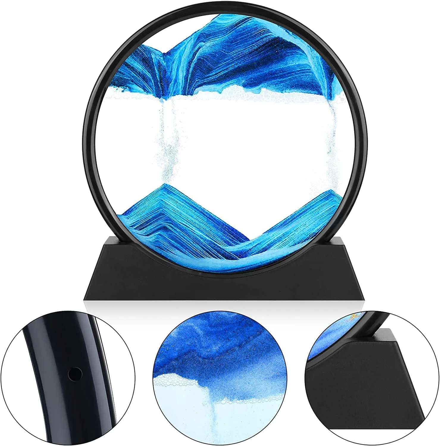 DONDA 3D Moving Sand Art Picture in Motion, Round Tempered Glass, Relaxing Deep Sea Sandscapes with Display Flowing Frame for Desktop, Home, Office, Work, Décor, Kids, Adults (Blue)