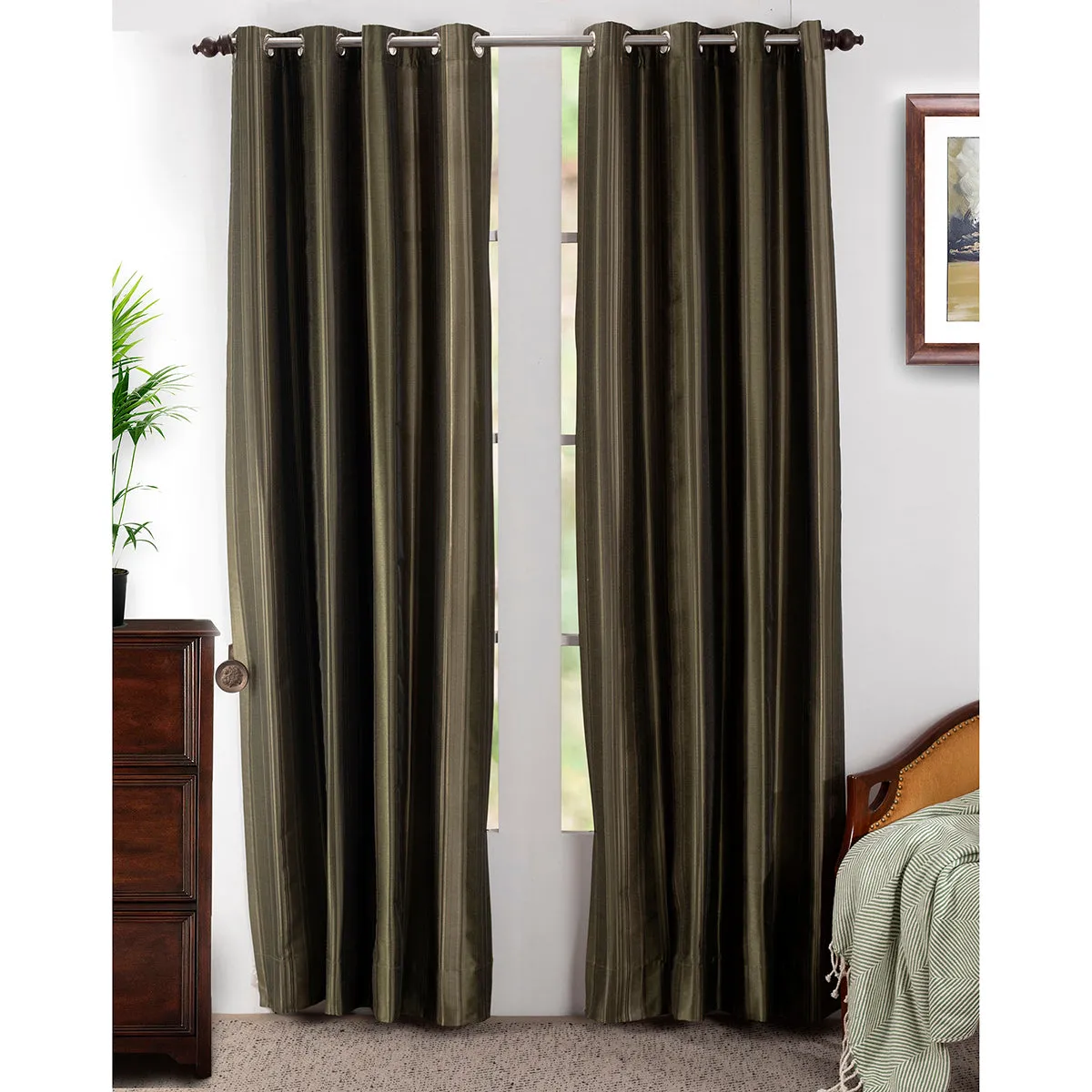 Duo Stripe Textured 2PC Green Curtain Set