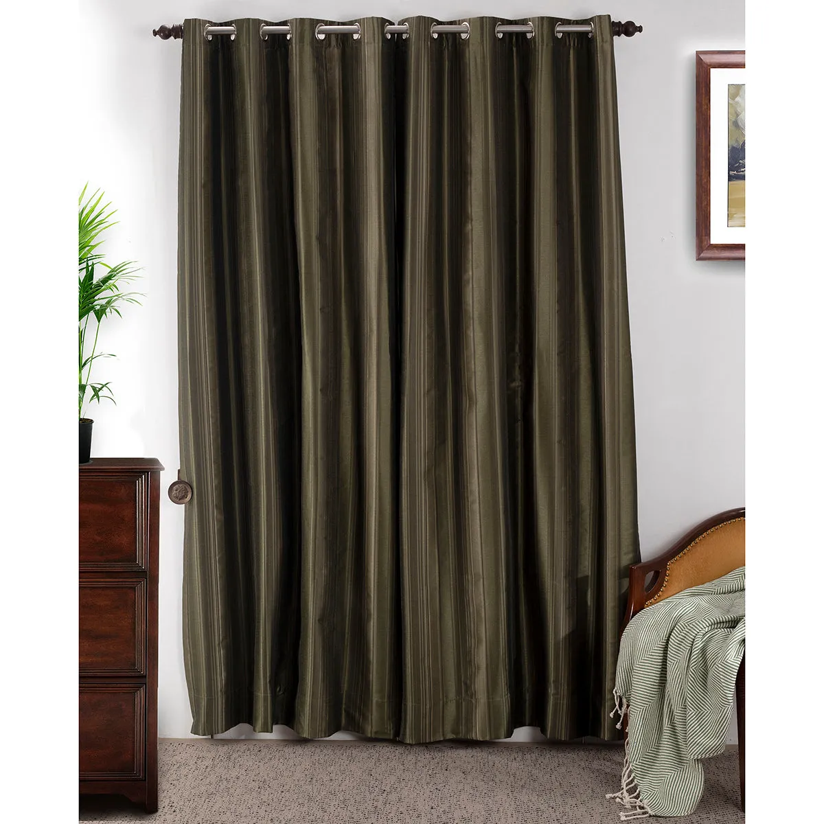 Duo Stripe Textured 2PC Green Curtain Set