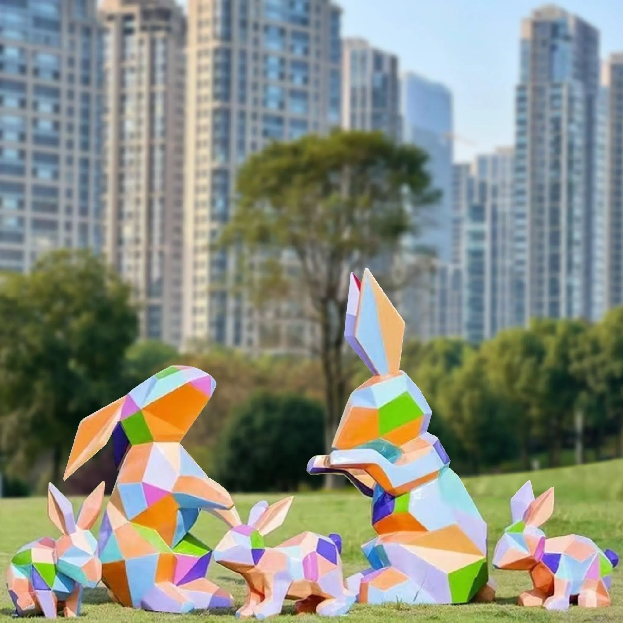 FINEST Colorful Animal Outdoor Fiberglass Sculptures Rabbit Family Set FF-020