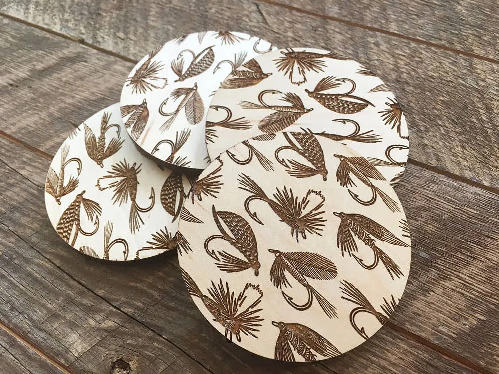 Fishing Flies Pattern Wood Coaster