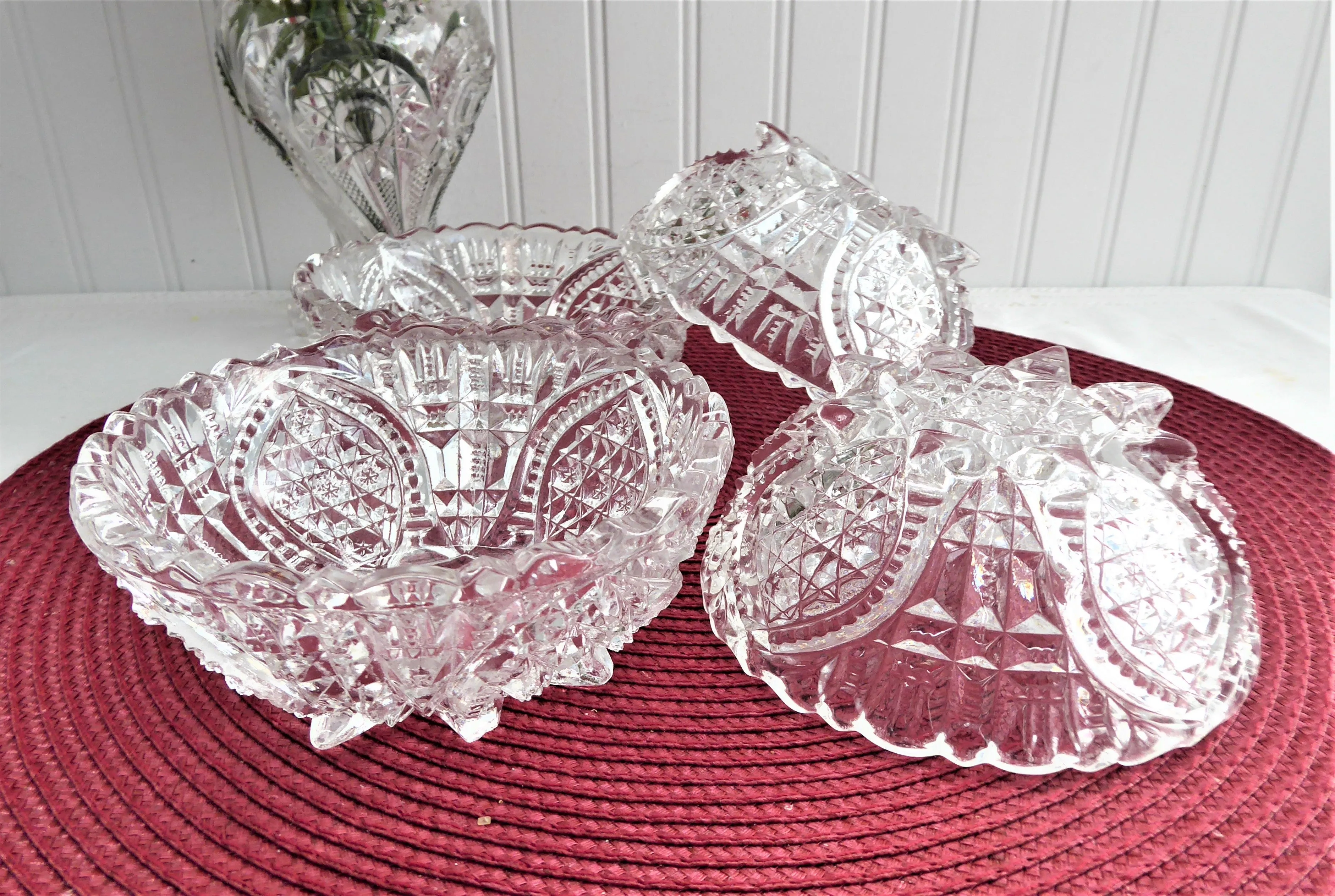 Four Lead Crystal Berry Bowls American Faceted Dessert Diamond Arch Footed 1950s