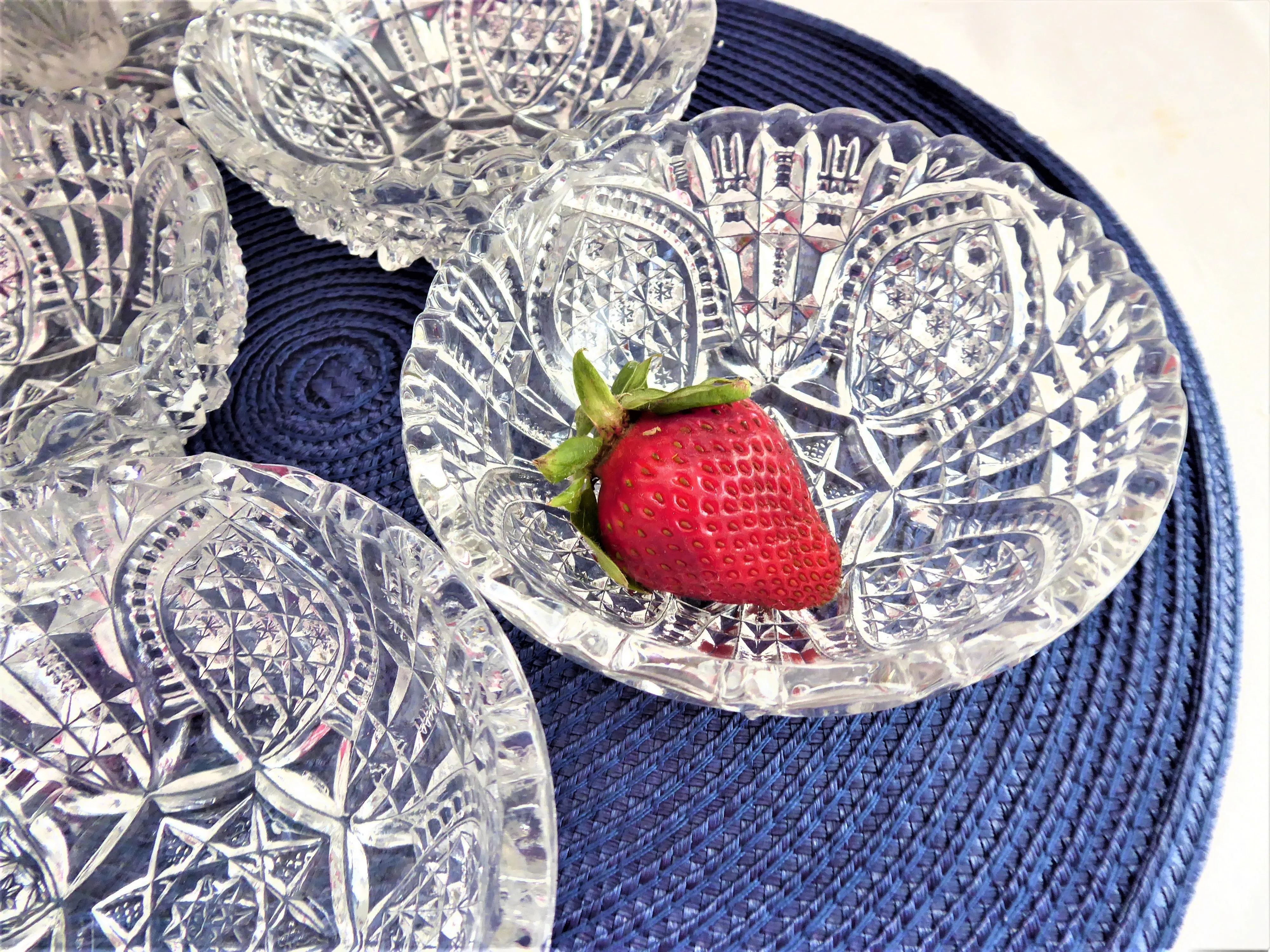 Four Lead Crystal Berry Bowls American Faceted Dessert Diamond Arch Footed 1950s