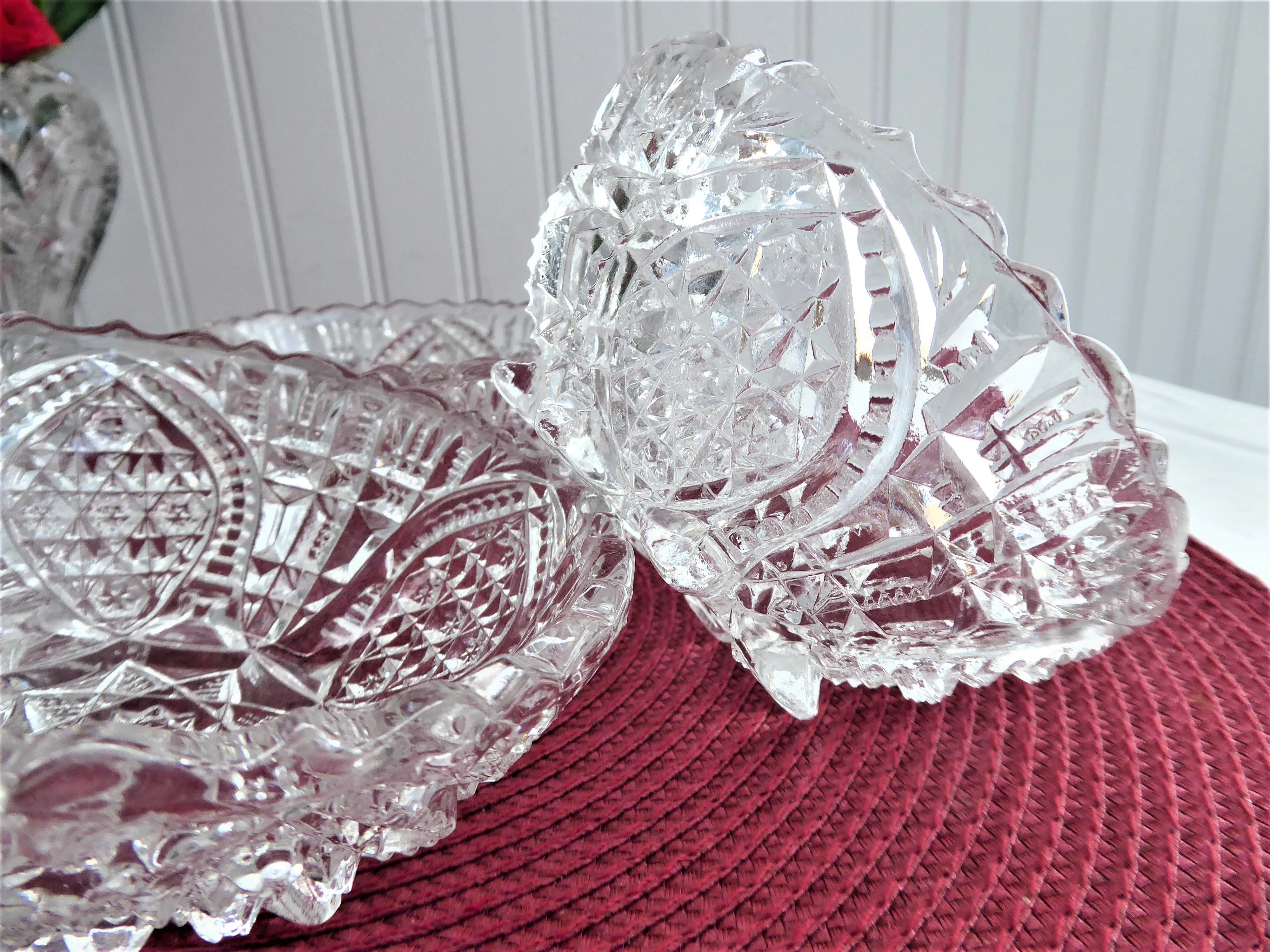 Four Lead Crystal Berry Bowls American Faceted Dessert Diamond Arch Footed 1950s