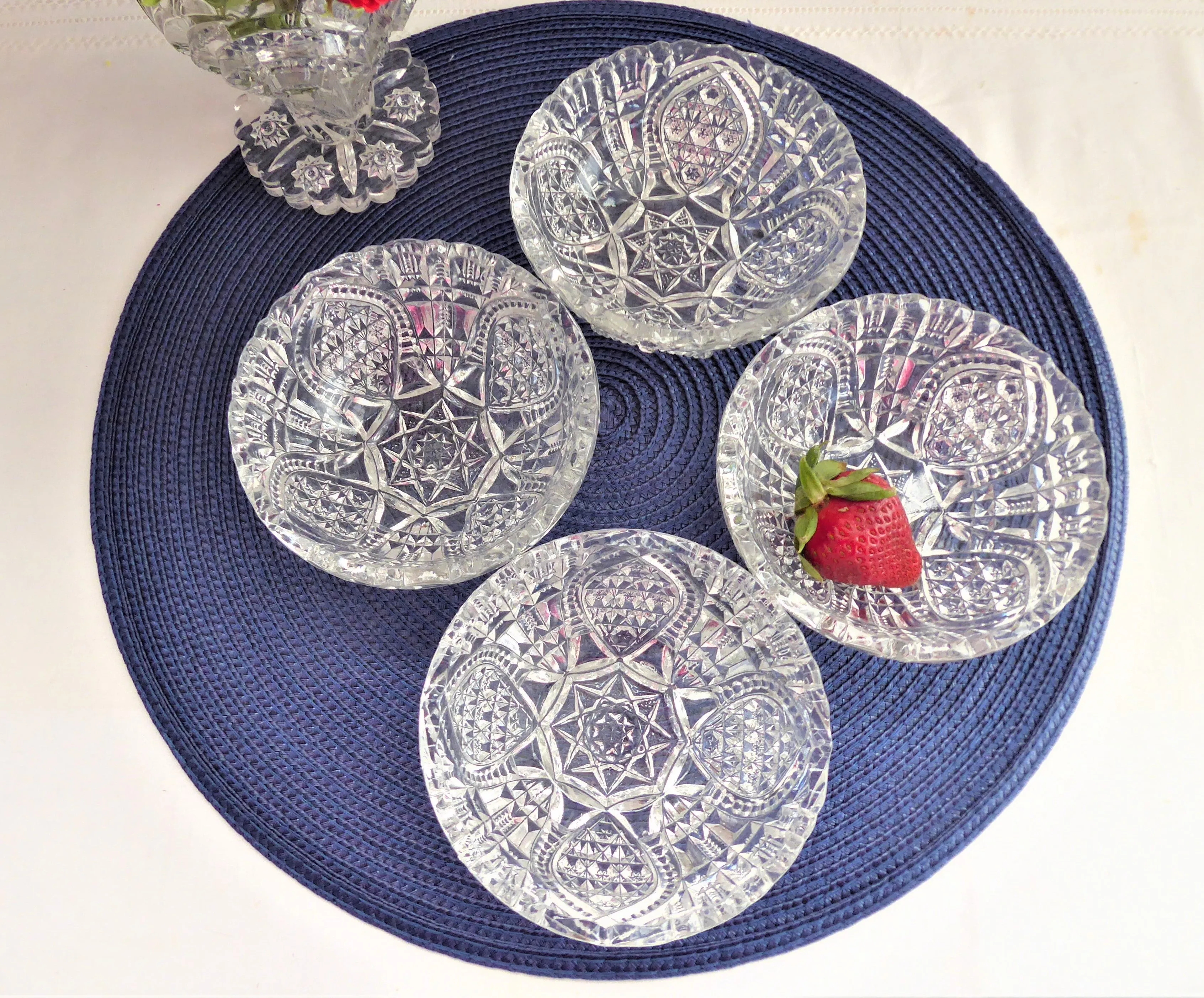 Four Lead Crystal Berry Bowls American Faceted Dessert Diamond Arch Footed 1950s