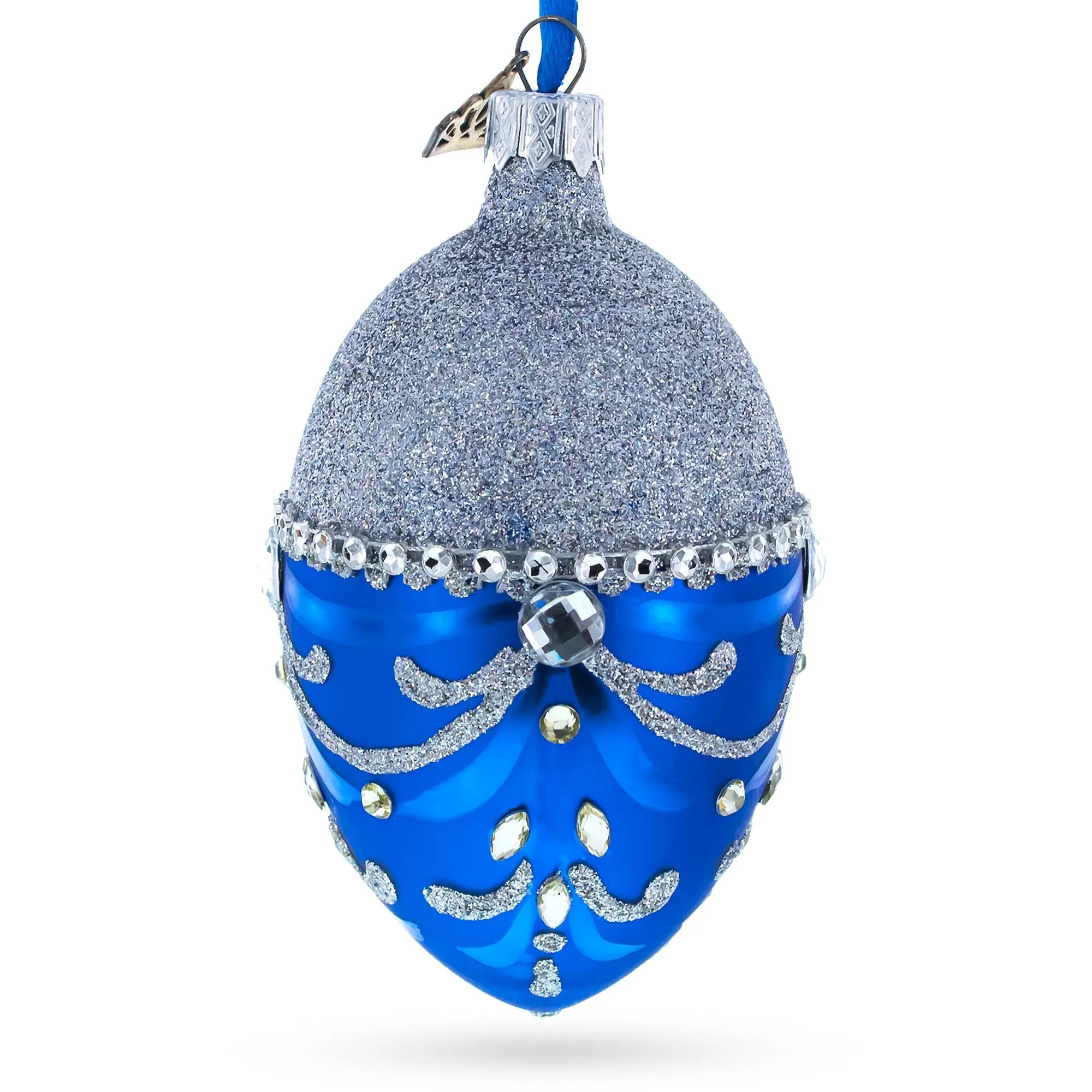 Glittered Silver Top Blue Bottom Glass Egg Christmas Ornament 4 Inches