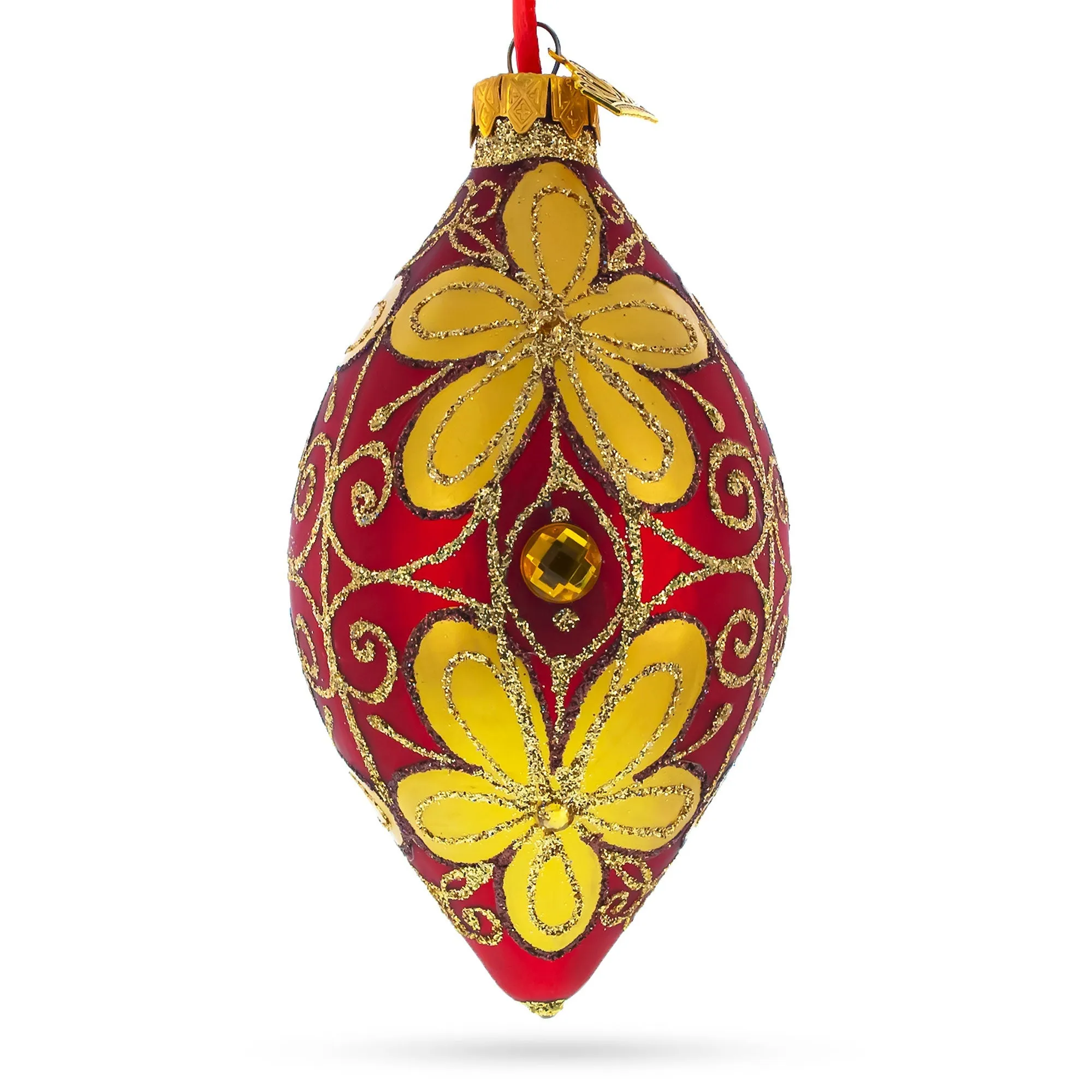 Golden Flowers On Glass Rhombus Christmas Ornament