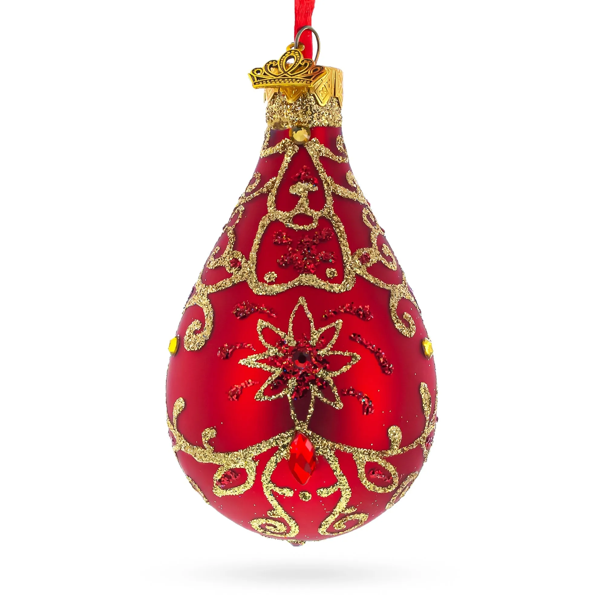 Golden Flowers On Red Glass Waterdrop Finial Christmas Ornament