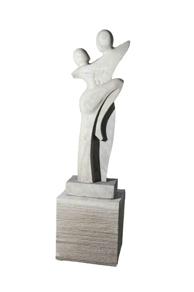 Hand Carved Grey Sandstone Dancers Stone Sculpture With Plinth