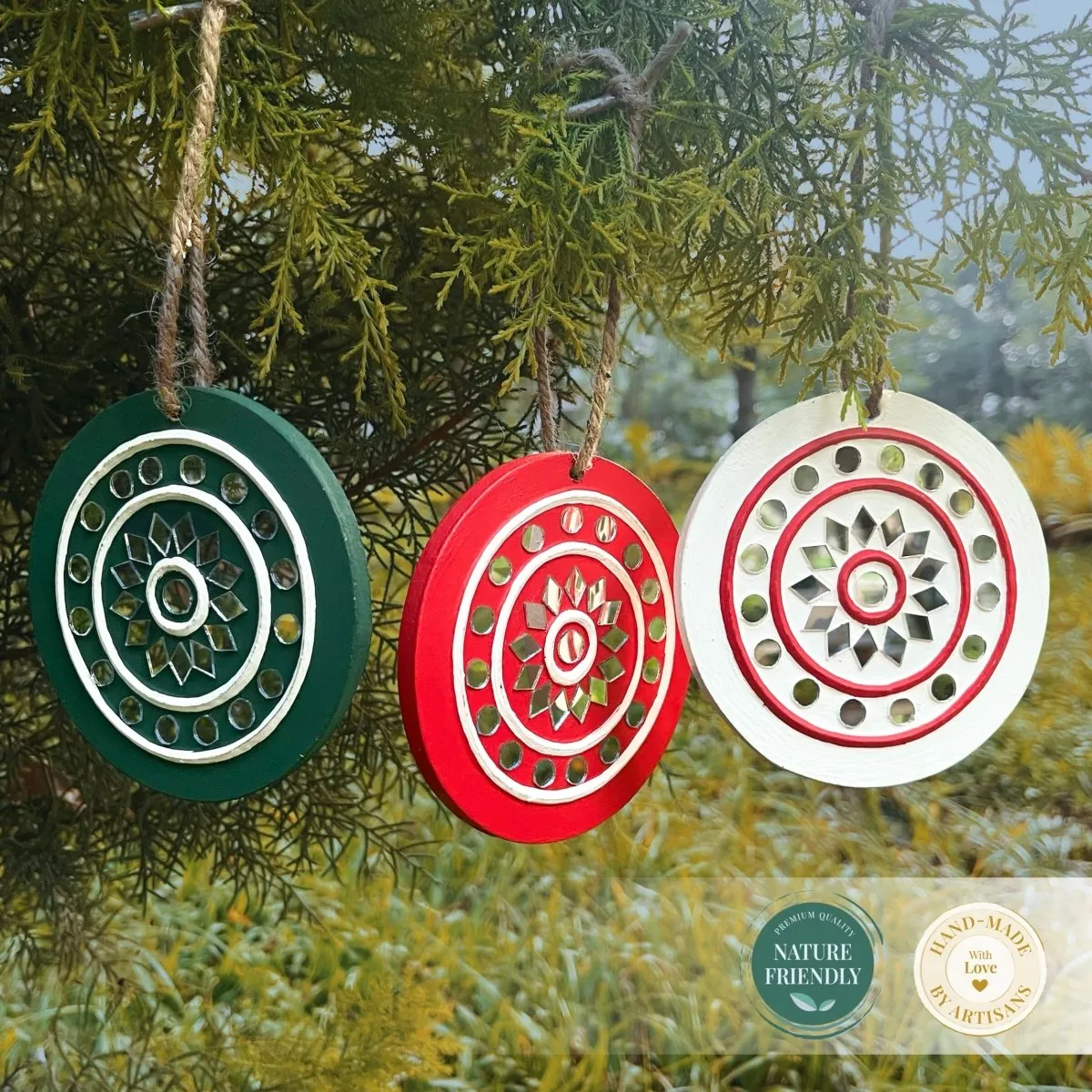 Handcrafted Mud & Mirror Lippan Christmas Tree Ornaments (Set of 3)