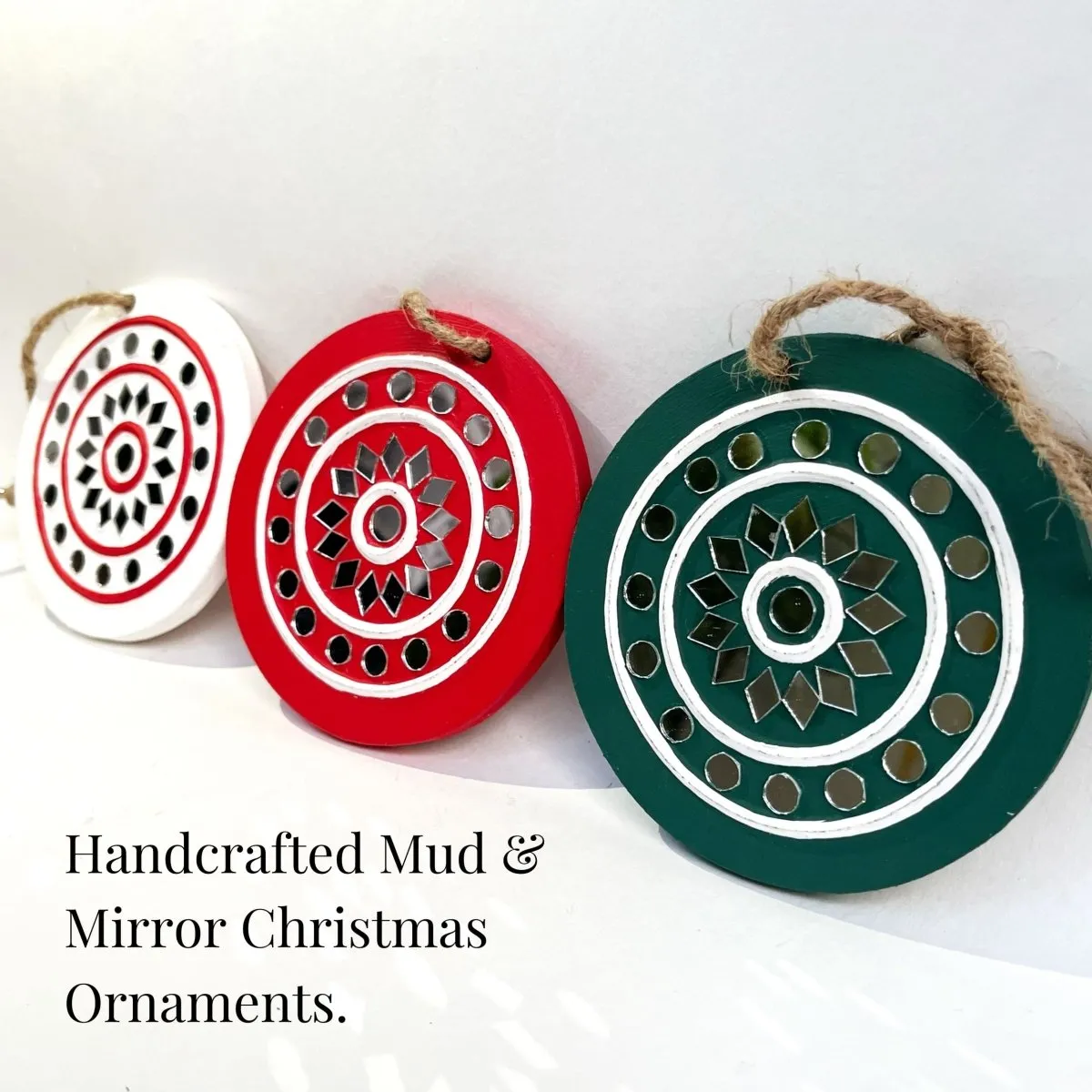 Handcrafted Mud & Mirror Lippan Christmas Tree Ornaments (Set of 3)