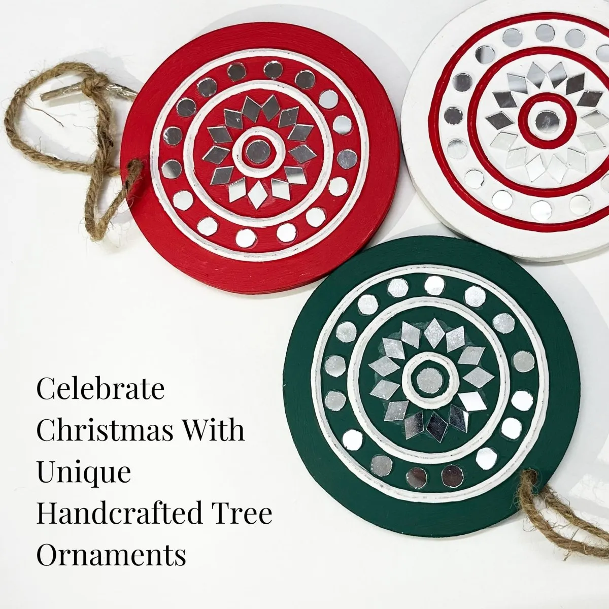 Handcrafted Mud & Mirror Lippan Christmas Tree Ornaments (Set of 3)