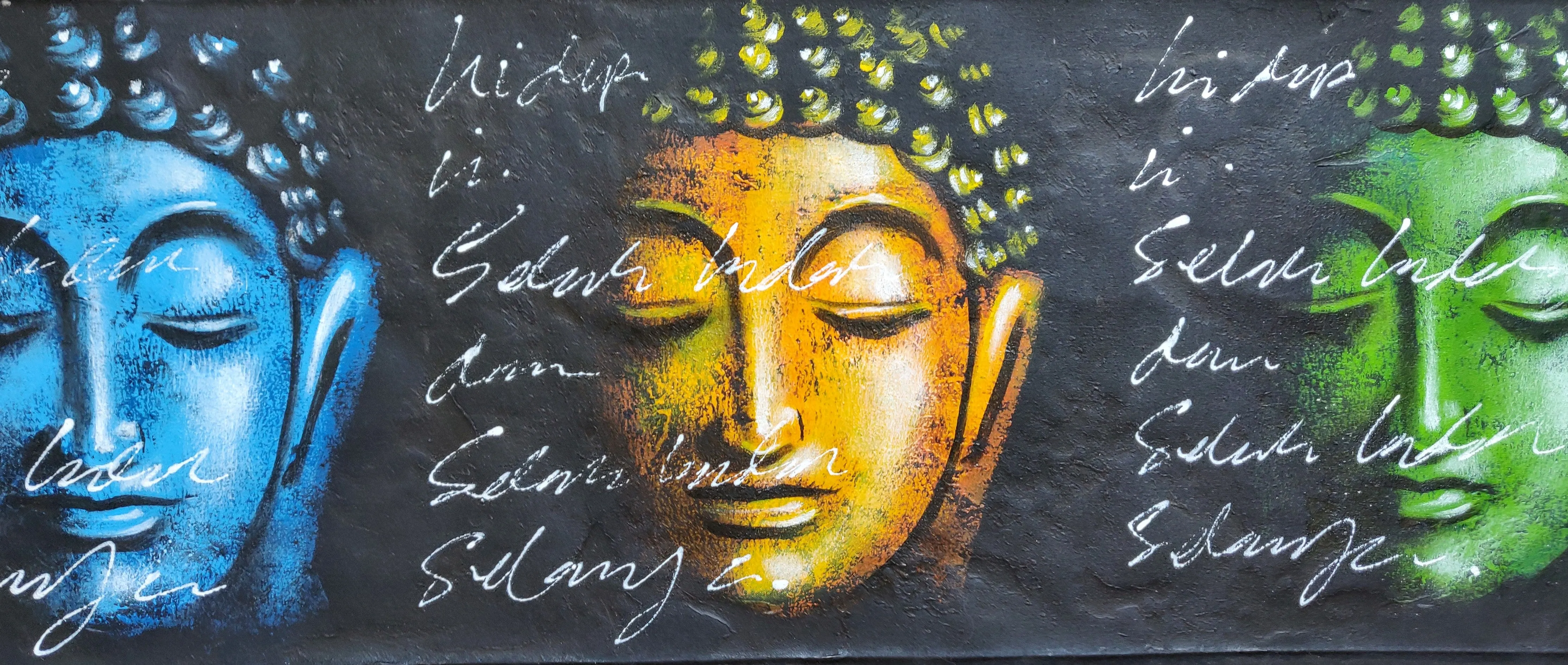 Home Decor: Wall Hangings.
Hand Painted Lord Buddha Serene face motifs - Wonder, Silence, Gratitude. Size 98 by 37 cm. Unframed