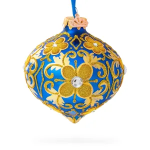 Jeweled Golden Leaves On Blue Glass Onion Finial Christmas Ornament