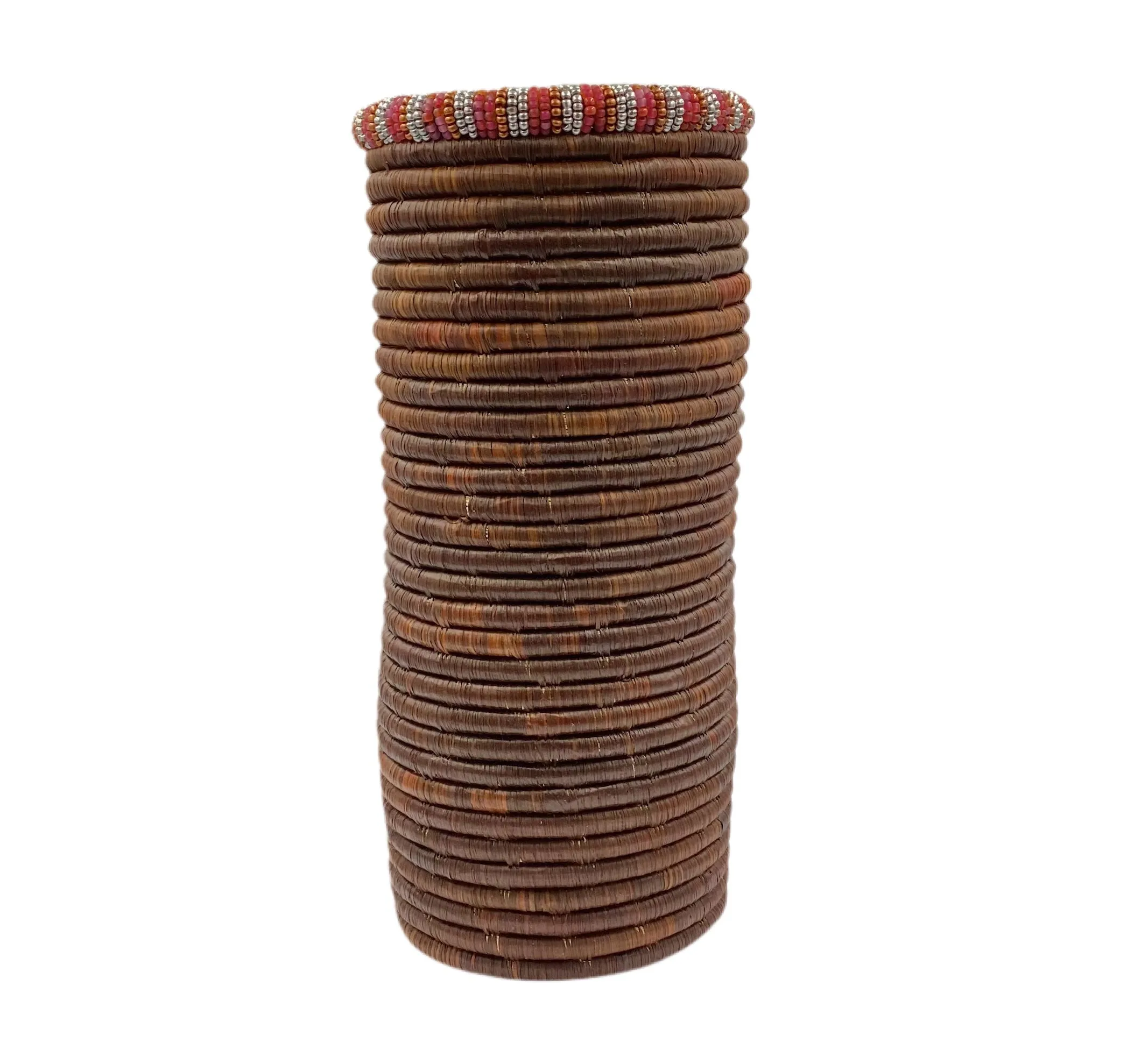 Joy Woven Vase from Rwanda - Large - Brown, Red with Beading Detail