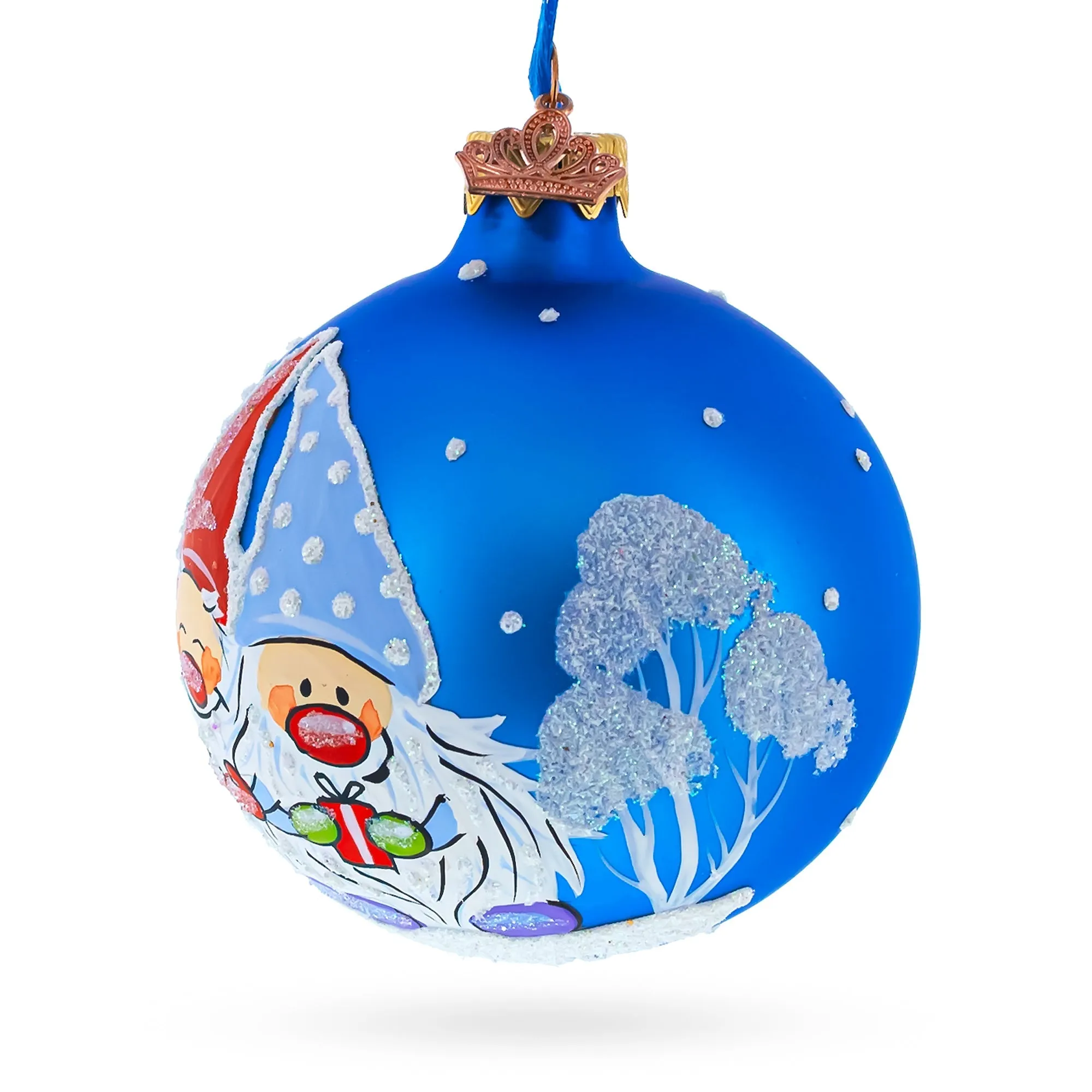 Joyful Trio Of Gnomes Blown Glass Ball Christmas Ornament 3.25 Inches