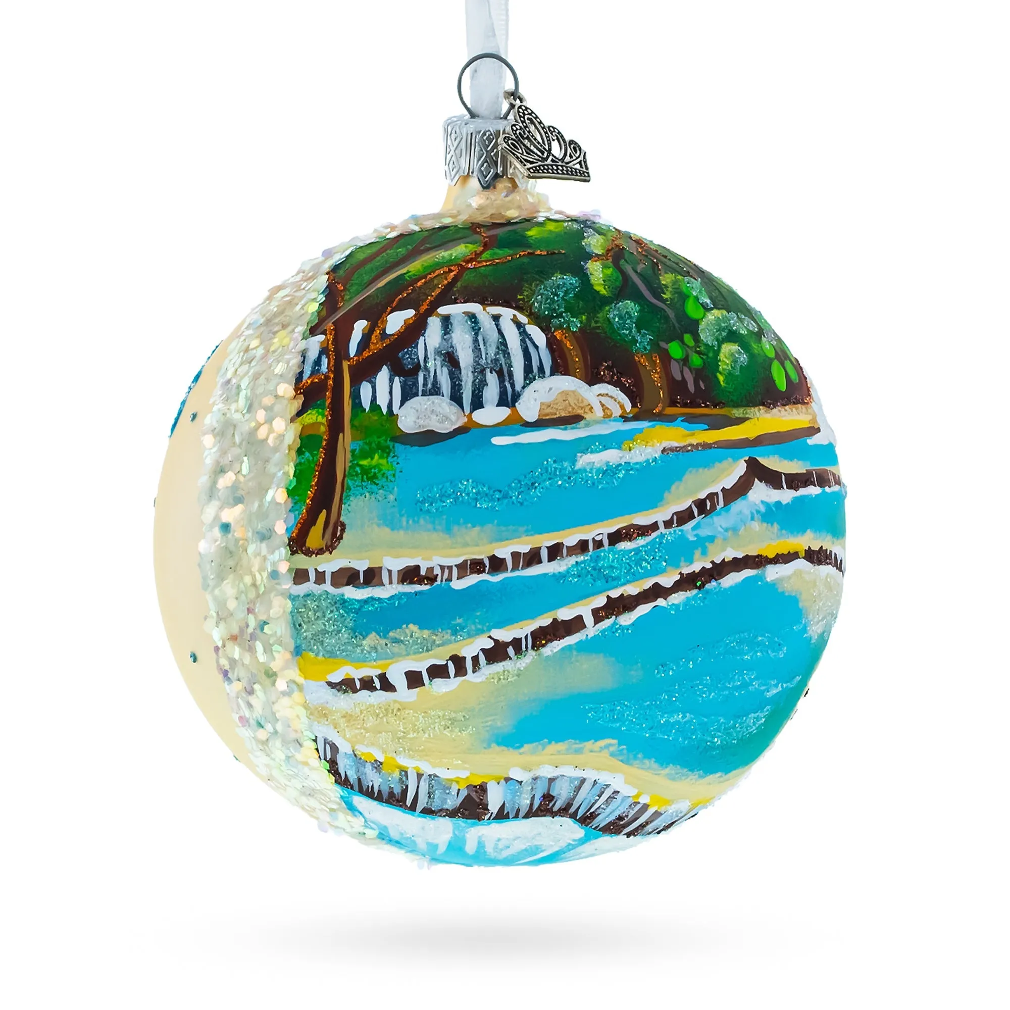 Kuang Si Waterfall, Laos Glass Ball Christmas Ornament 4 Inches