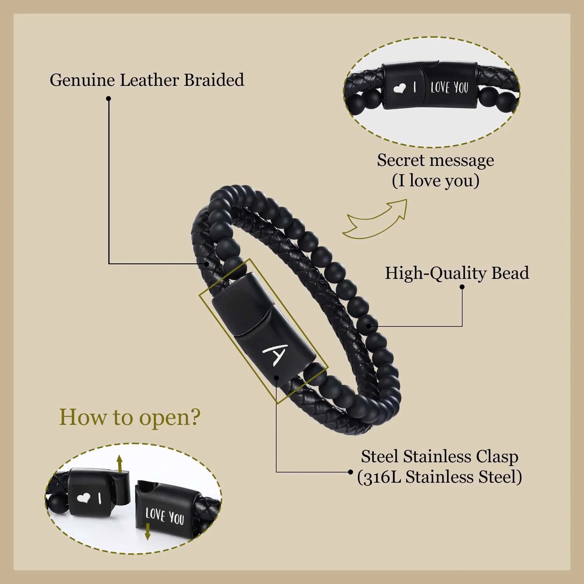 Leather Bracelet for Men Initial A Layered Black Beaded Bracelets I Love You Gifts for Him