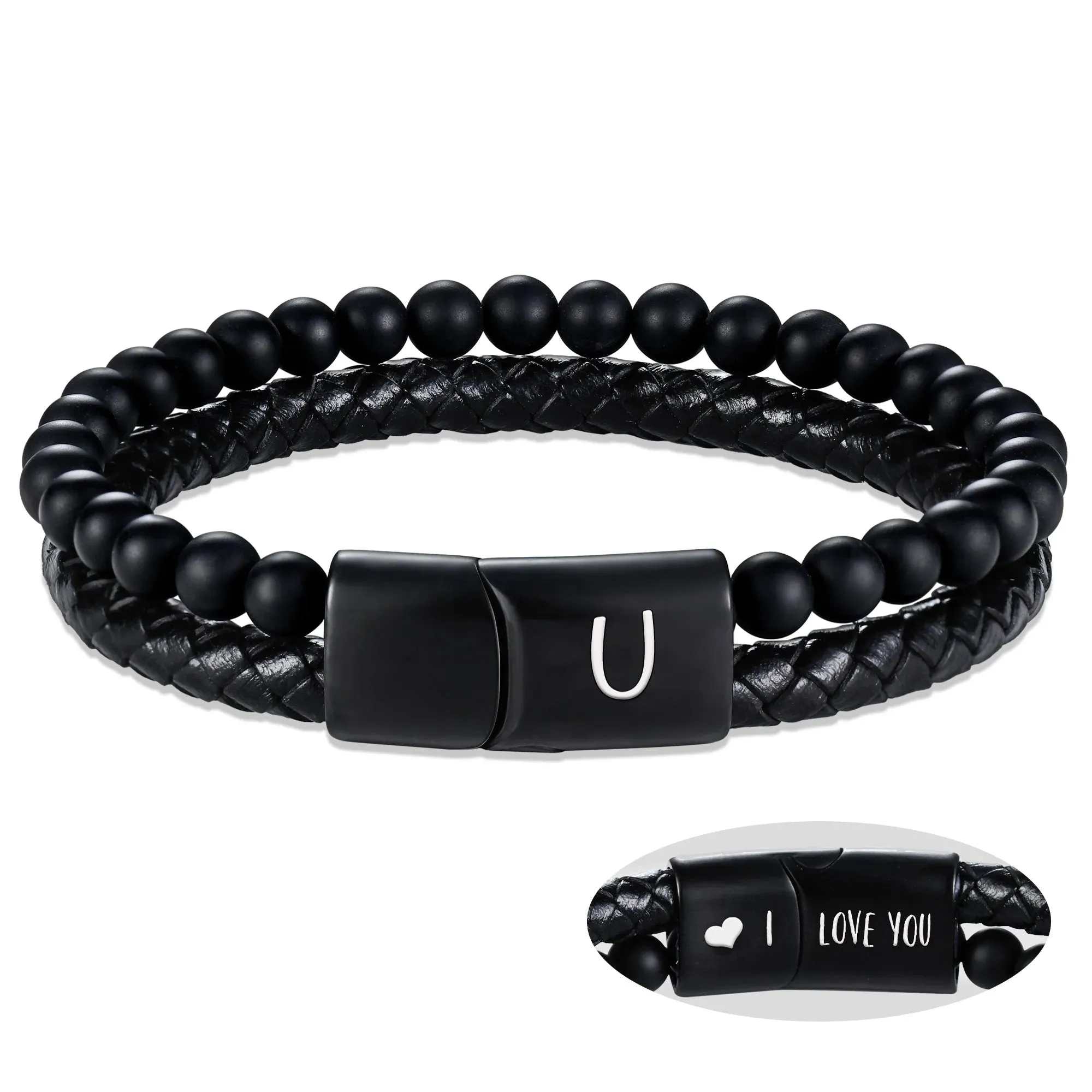 Leather Bracelet for Men Initial U Layered Black Beaded Bracelets I Love You Gifts for Him