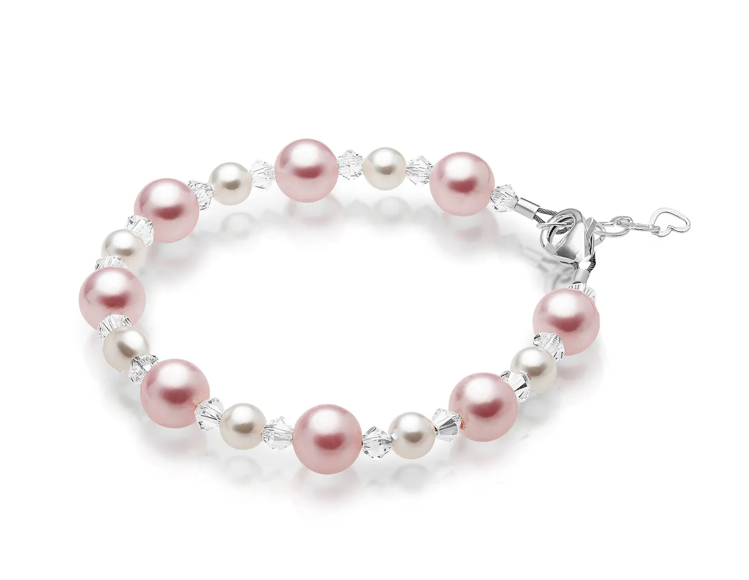 Little Girl Toddler Bracelet with Pink & White Pearls & Clear Crystals