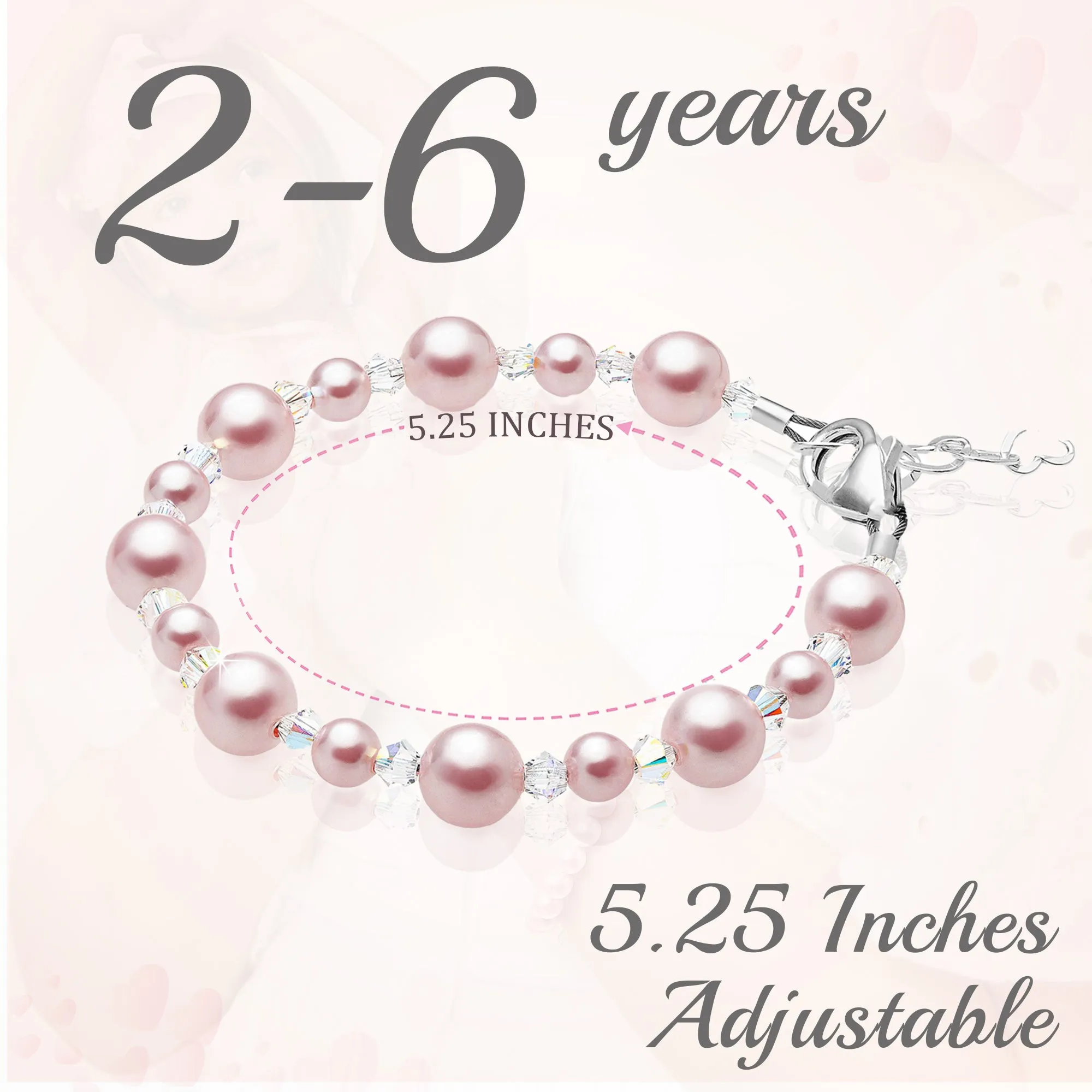 Little Girl Toddler Bracelet with Pink Pearls & Clear Crystals