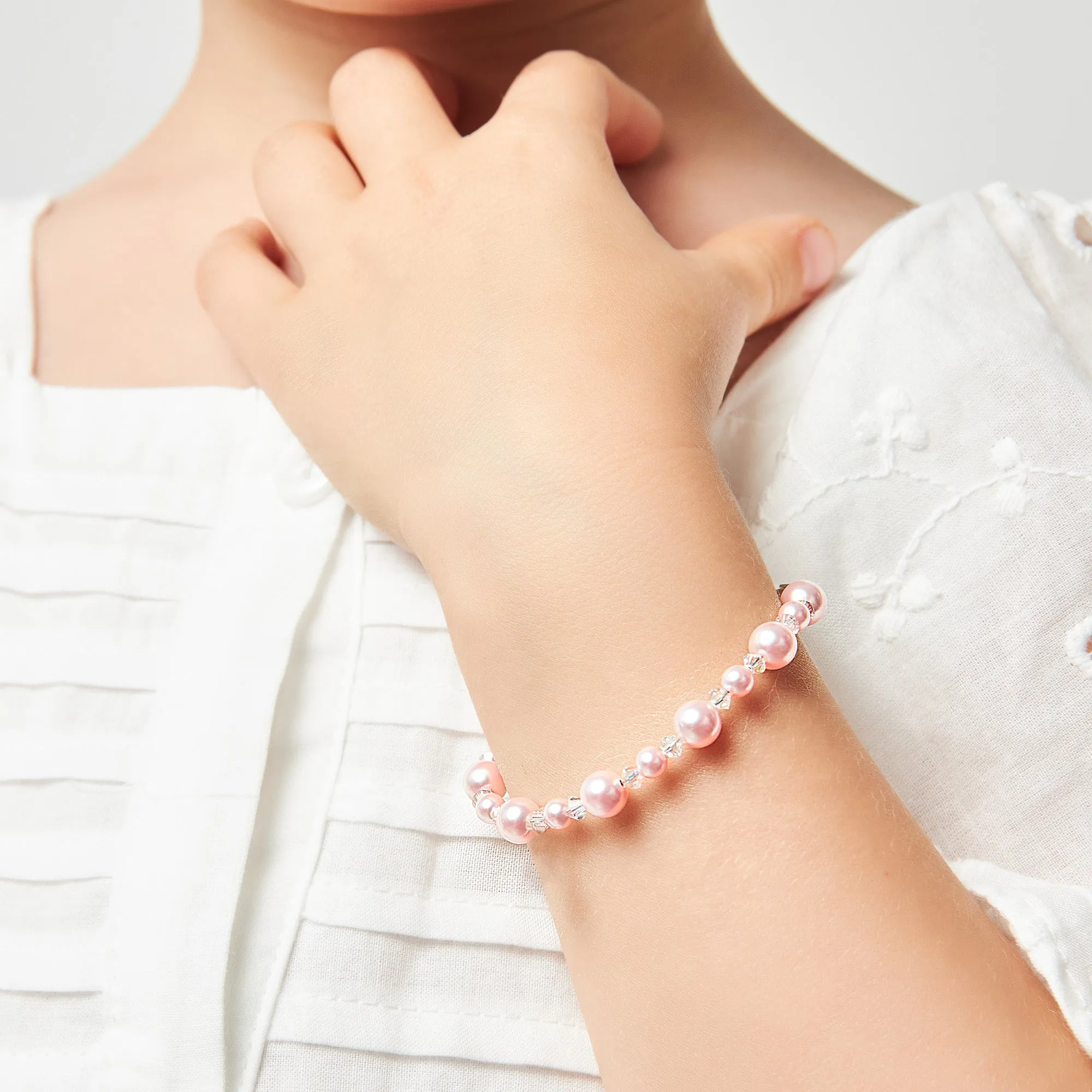 Little Girl Toddler Bracelet with Pink Pearls & Clear Crystals