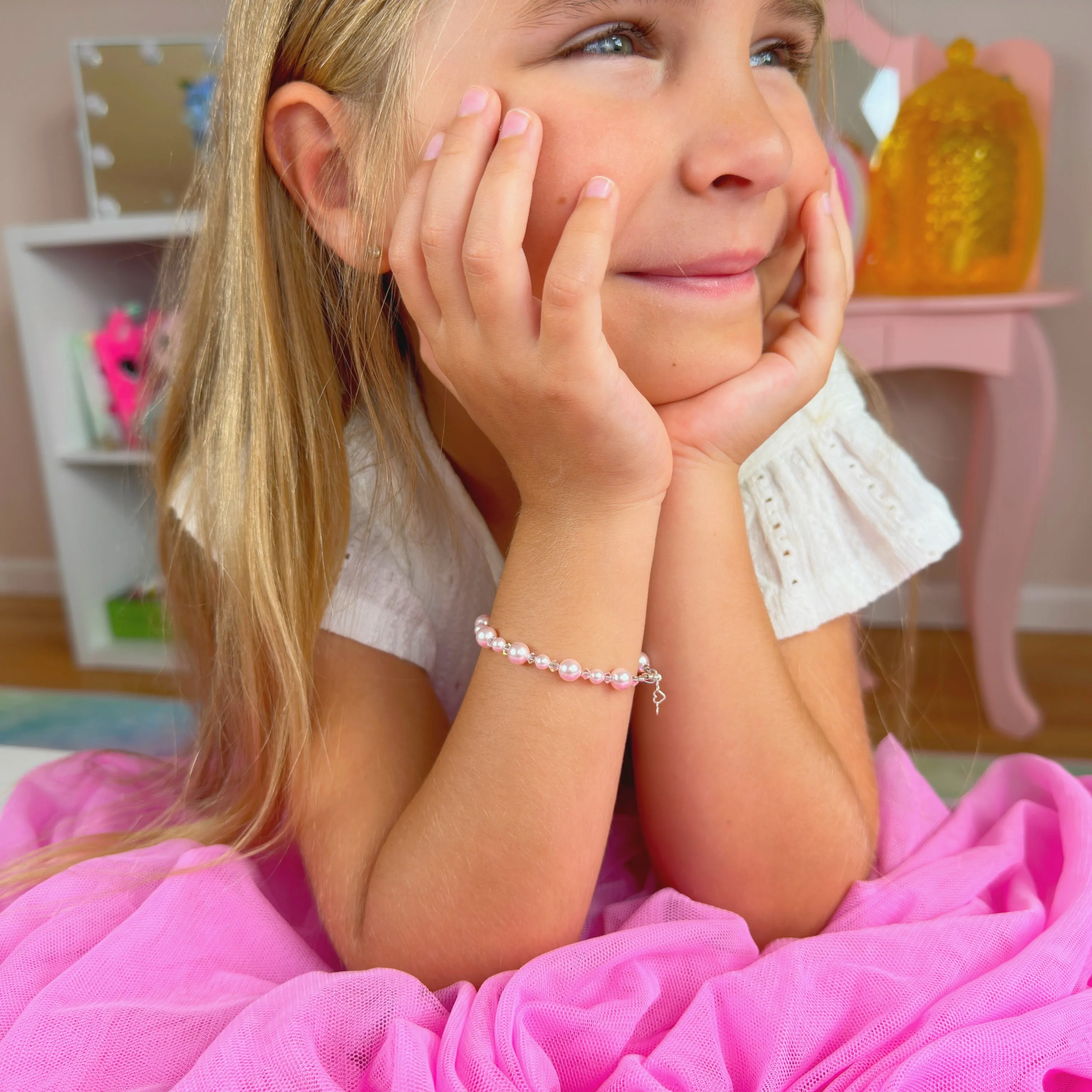 Little Girl Toddler Bracelet with Pink Pearls & Clear Crystals