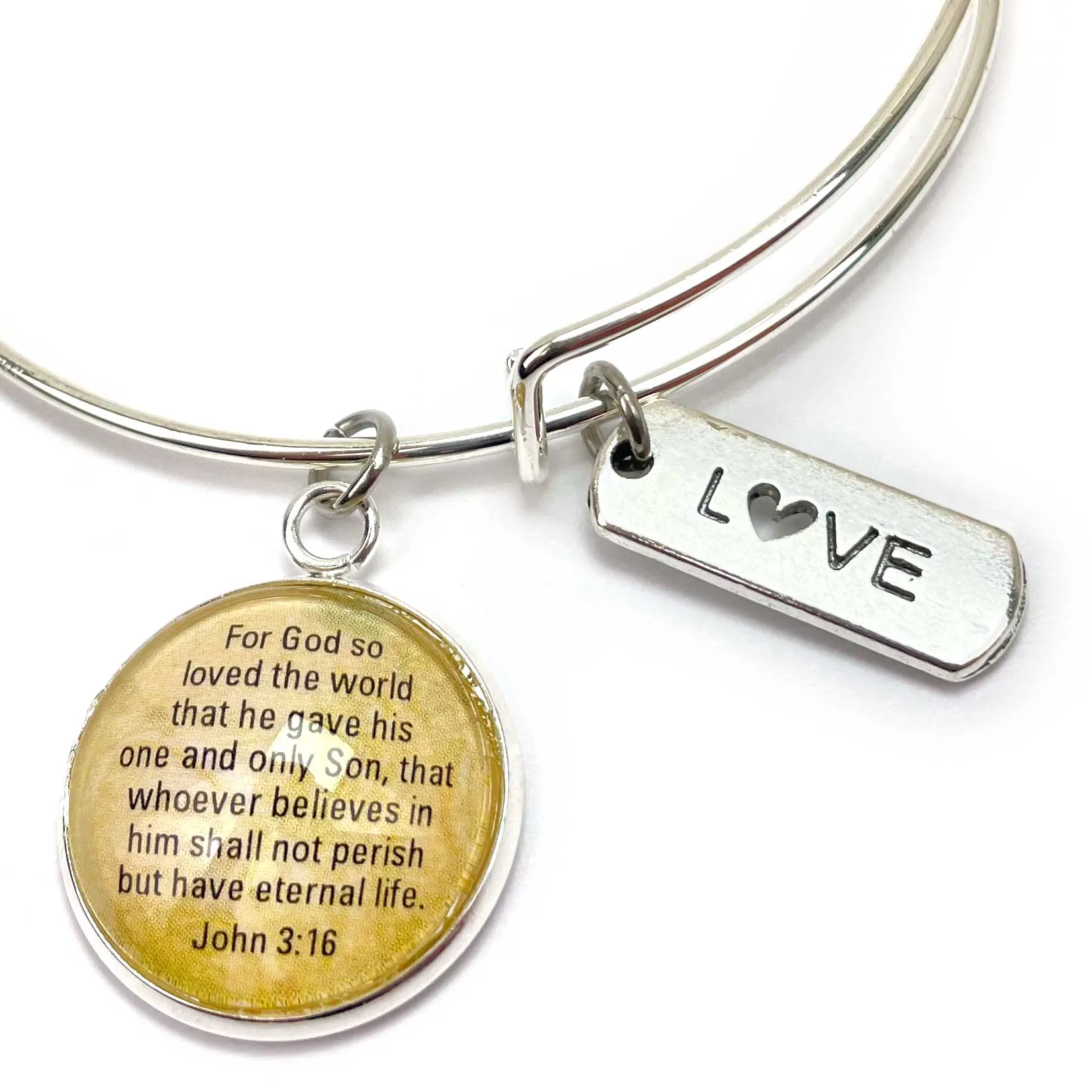 Love and Scripture Charm Bangle Bracelet - John 3:16 Word Scripture Christian Affirmations Jewelry, Silver