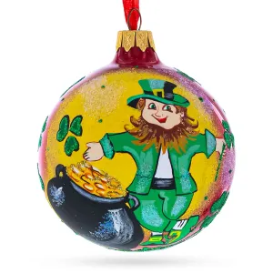 Lucky Leprechaun & Pot Of Gold Blown Glass Christmas Ornament 4 Inches