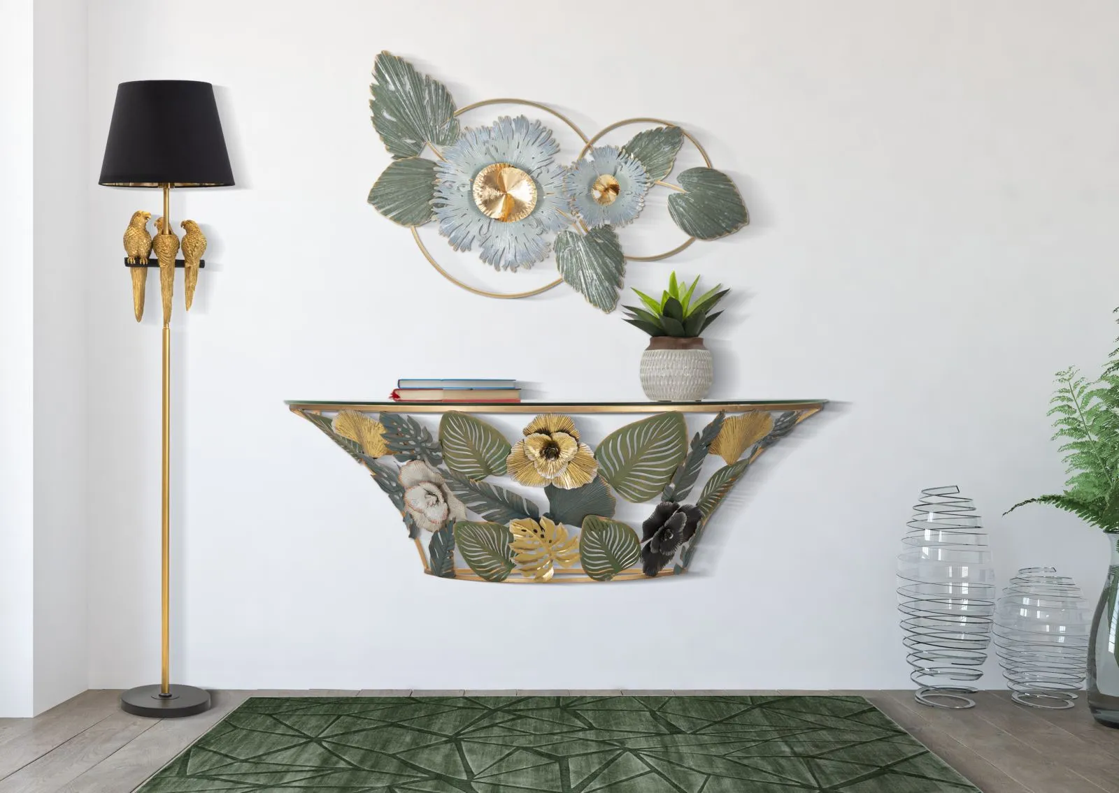 Metal & Glass Wall Console with Colorful Leaf Decor