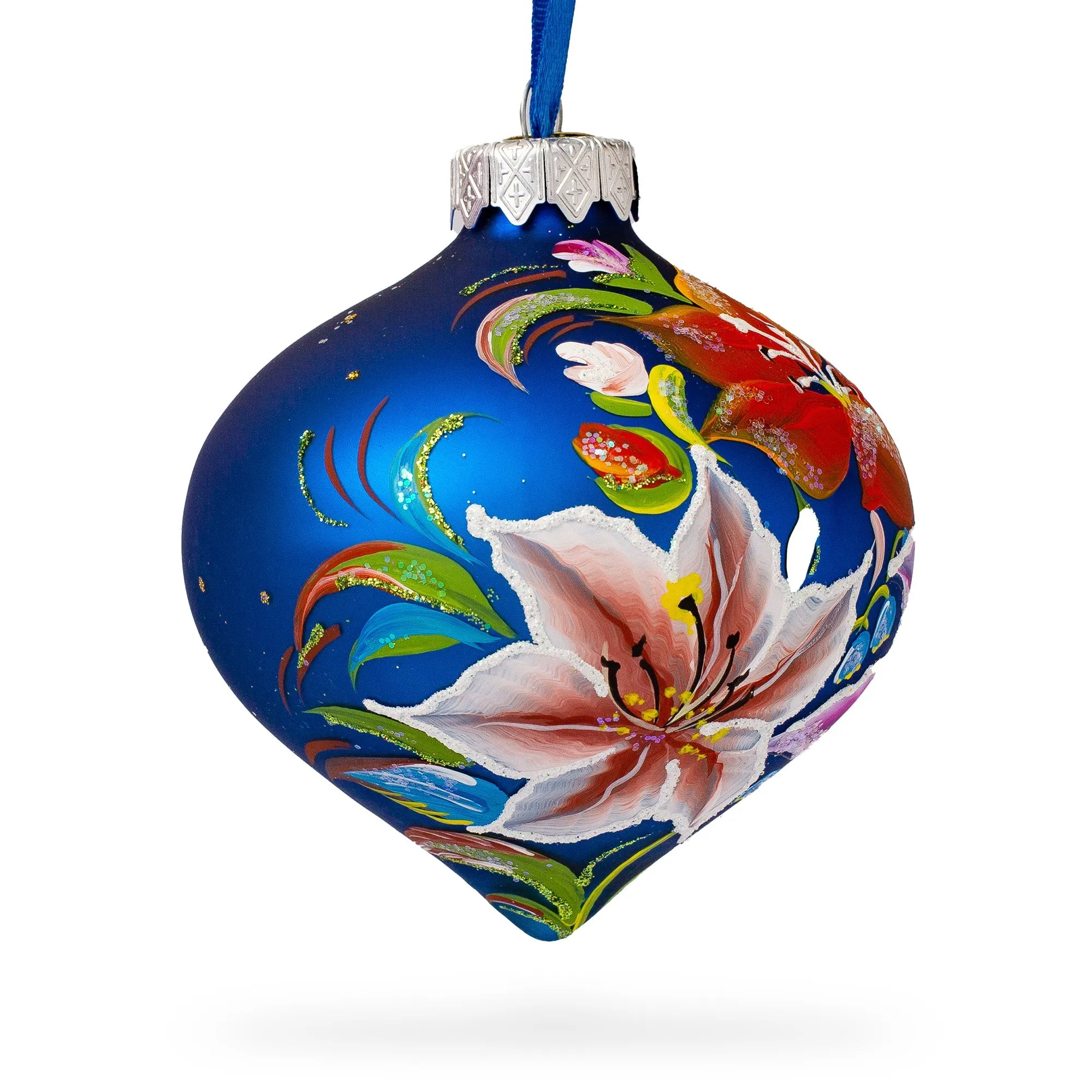 Multicolored Lilies Glass Onion Finial Christmas Ornament