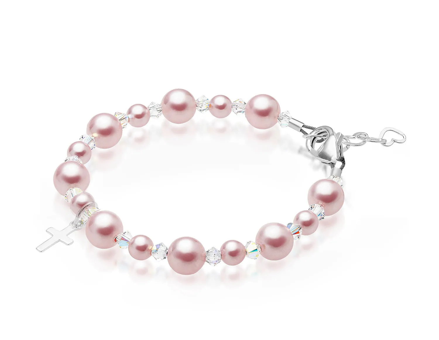 NewBorn Baby Girl Baptism & Christening Pink Pearl Sterling silver Cross Charm Bracelet