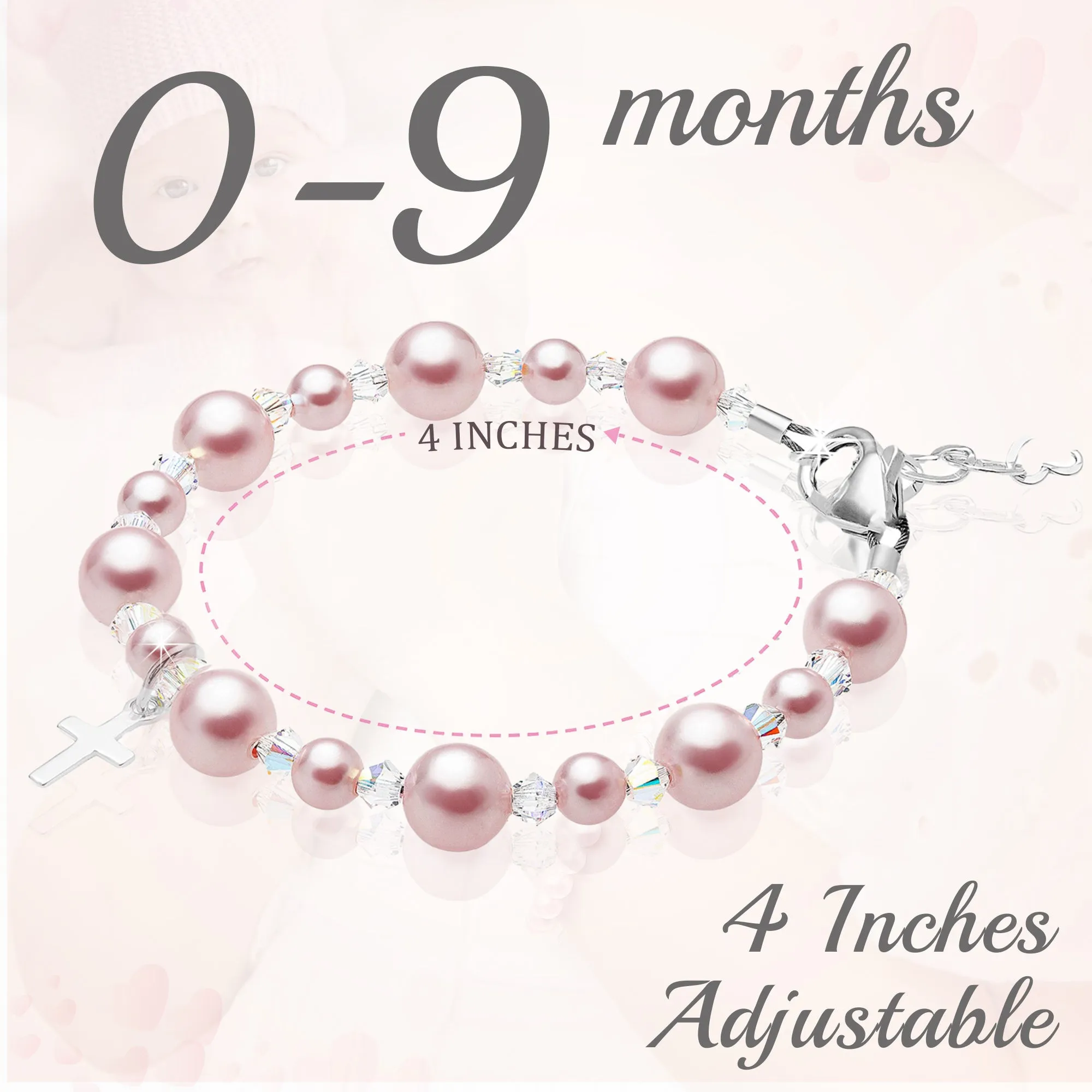 NewBorn Baby Girl Baptism & Christening Pink Pearl Sterling silver Cross Charm Bracelet