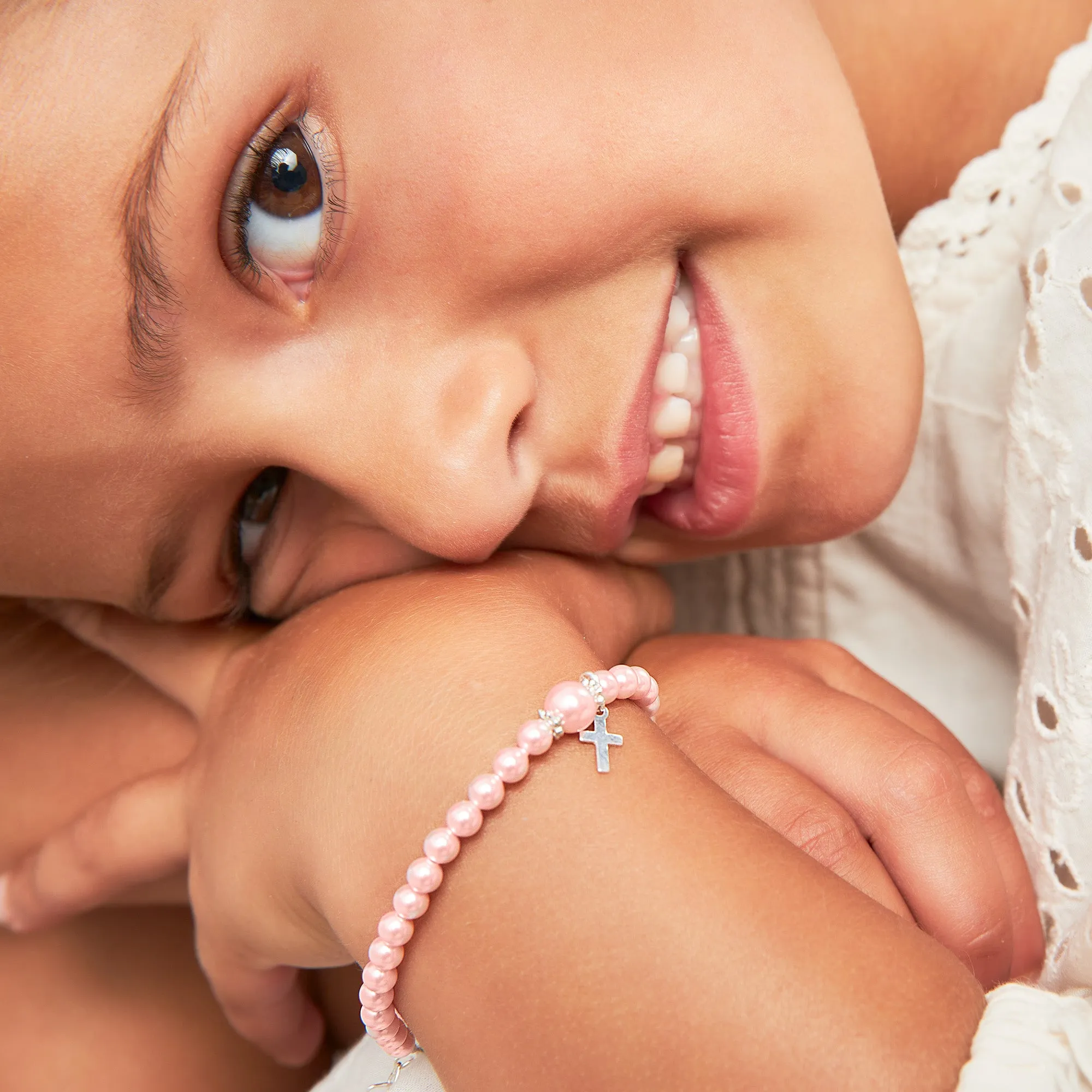 Newborn Baby Girl Pink Pearl Bracelet Baptism & Christening Sterling Silver Cross Charm