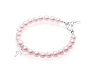 Newborn Baby Girl Pink Pearl Bracelet Baptism & Christening Sterling Silver Cross Charm