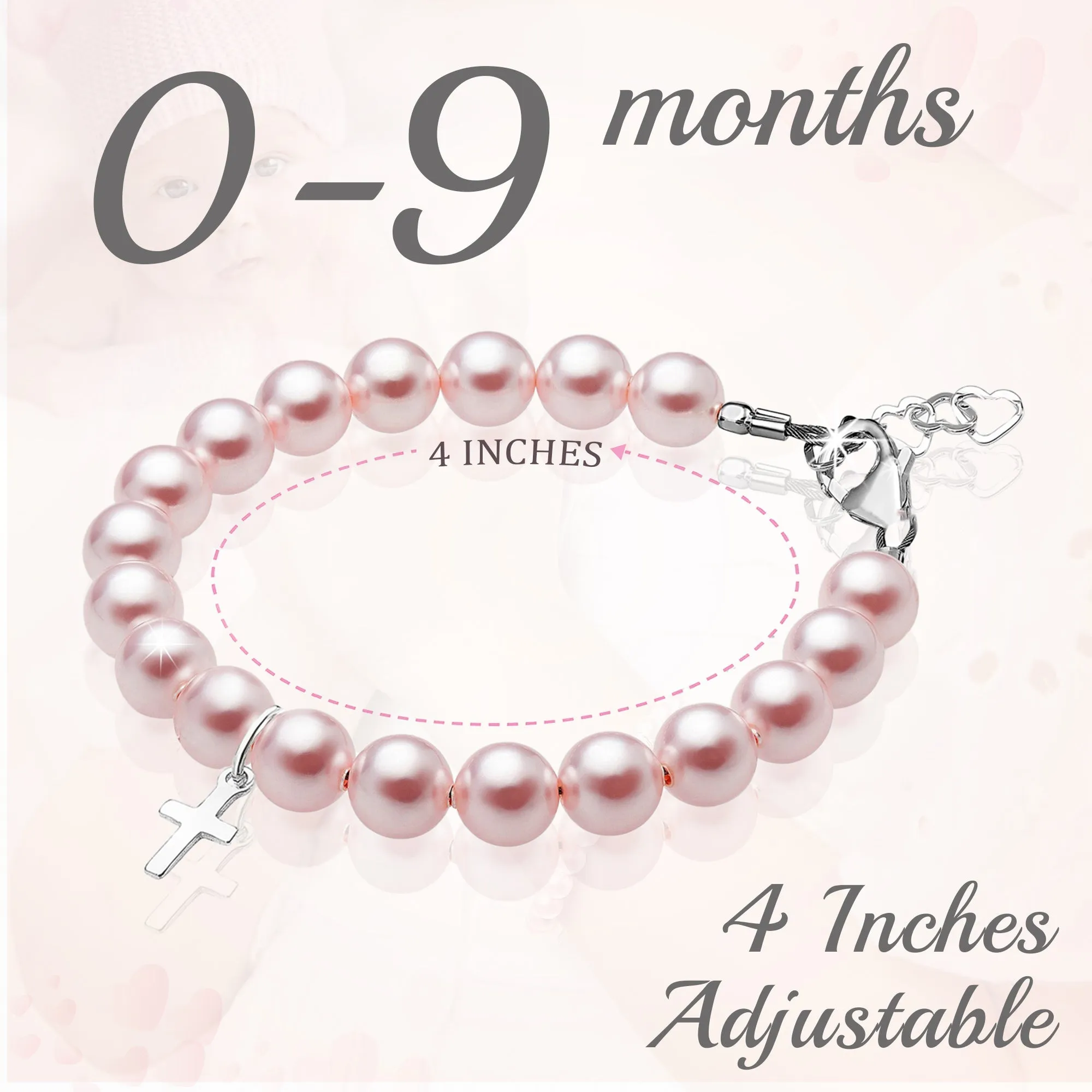 Newborn Baby Girl Sterling Silver Cross Baptism & Christening Pink Pearl Bracelet